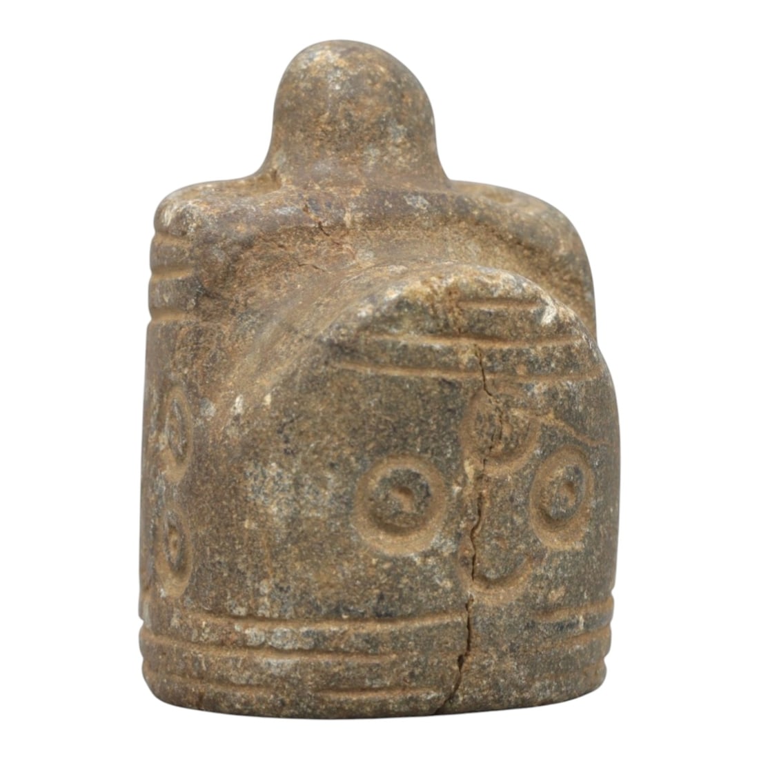 Ancient Stone Anthropomorphic Idol - South Asian Ritual Figurine, 19ZR: This artifact is a carved stone anthropomorphic idol, executed in the stylized religious tradition of ancient South Asia. The idol features a compact, blocky form with a rounded top knob, incised hori