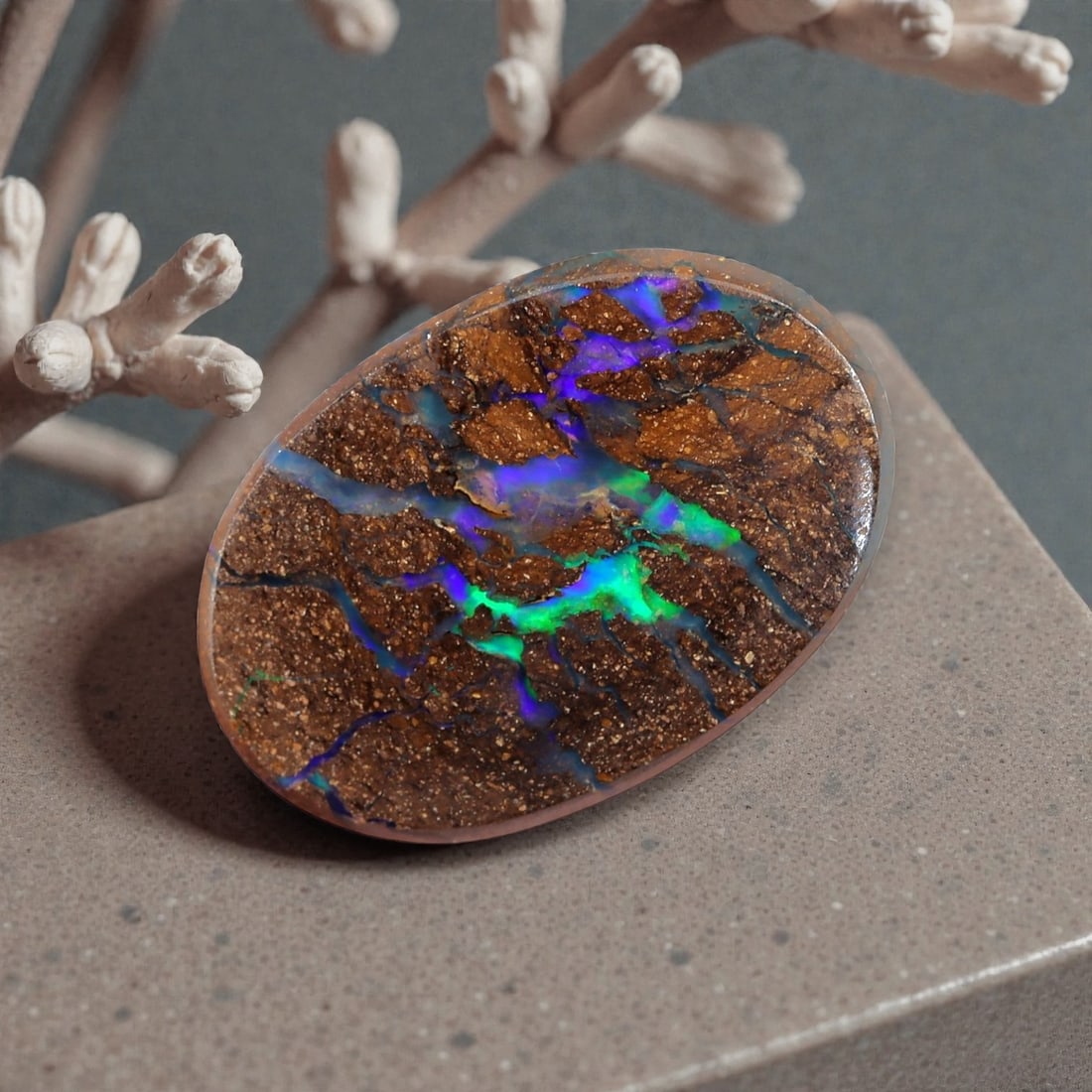 2.33 Carats Neon Blue-Green Matrix Boulder Opal - Natural Australian Stone, LZ48: This captivating 2.33 carat matrix boulder opal, measuring 11.4mm x 7.8mm x 3.1mm, is a striking example of nature's dramatic artistry. Polished into a smooth oval cabochon, its surface is dominated b