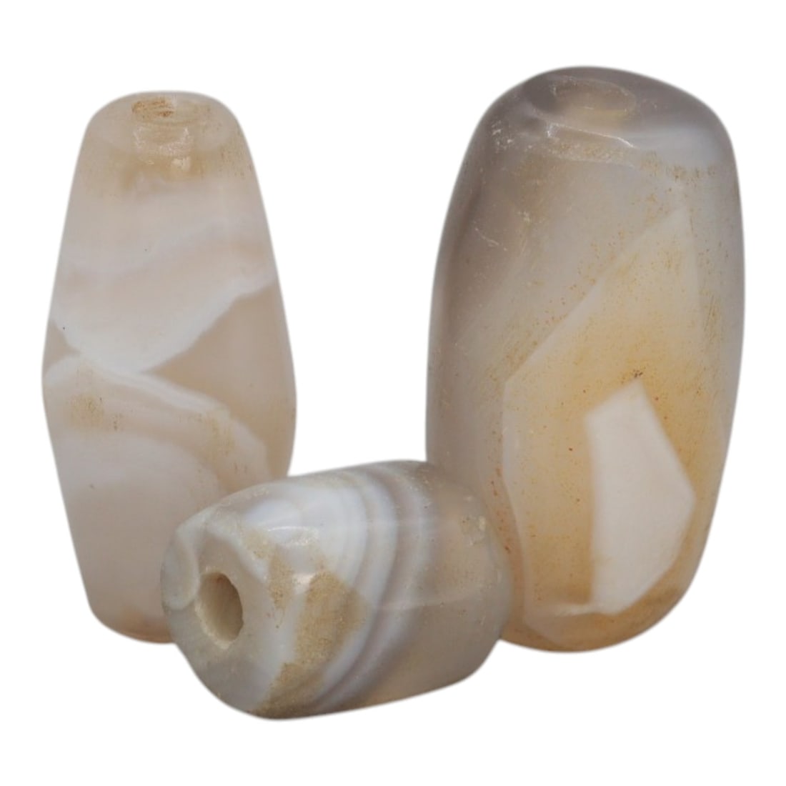 Lot of 3 Antique Central Asian / Himalayan Banded Agate Trade Beads, 15th-19th Century, 57WS: This lot comprises 3 antique banded agate beads, characteristic of Central Asian or Himalayan trade traditions. Each bead exhibits signs of significant age, including natural patination, surface wear,