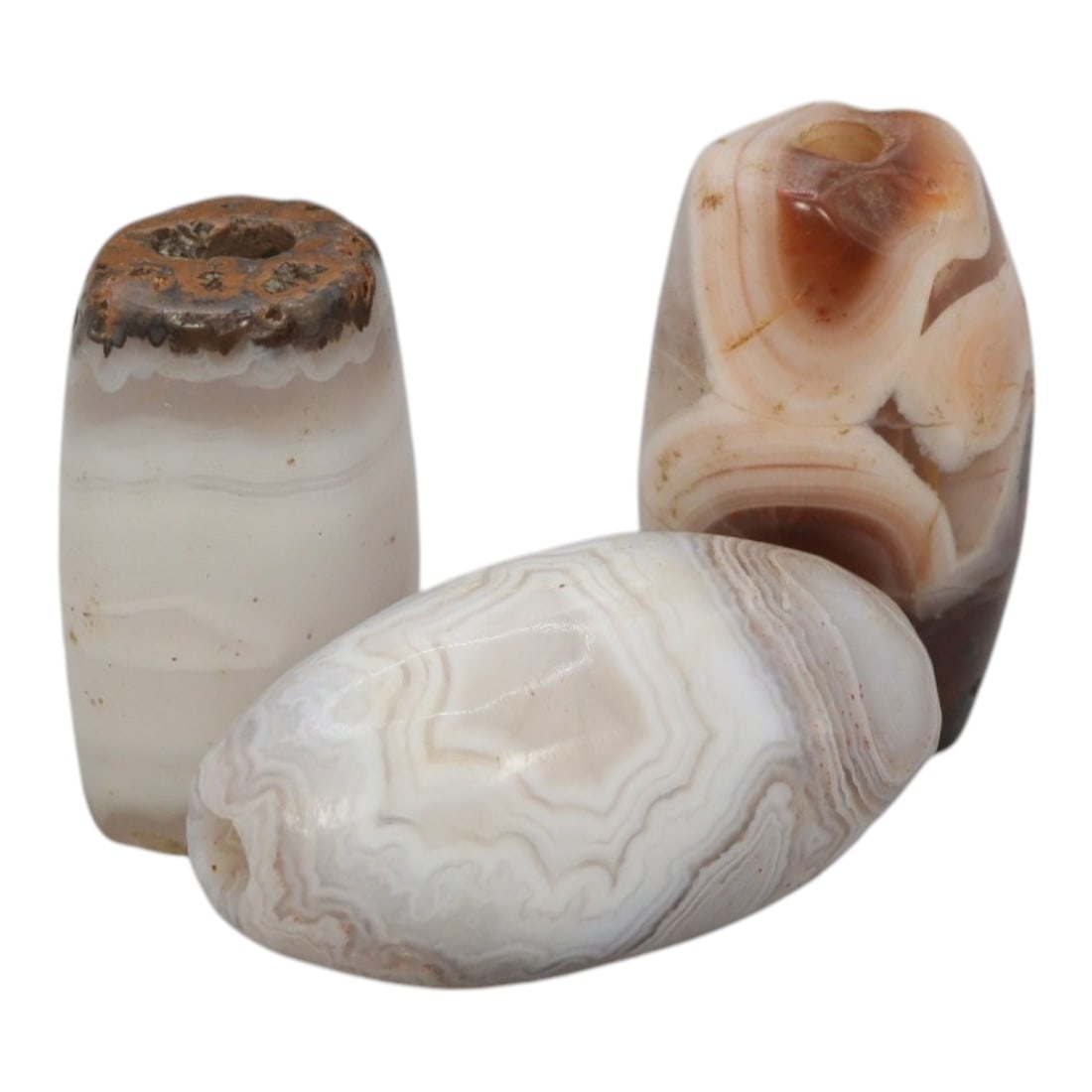 Lot of 3 Antique Central Asian / Himalayan Banded Agate Trade Beads, 15th-19th Century, 73WS: This lot comprises 3 antique banded agate beads, characteristic of Central Asian or Himalayan trade traditions. Each bead exhibits signs of significant age, including natural patination, surface wear,