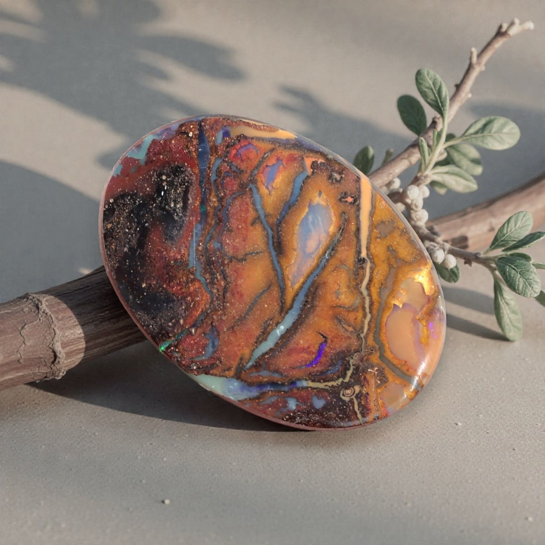3.87 Carats Multi-Color Koroit Boulder Opal - Natural Australian Stone, LZ43: This stunning 3.87 carat Koroit boulder opal, measuring 14.8mm x 10.4mm x 2.7mm, is a breathtaking canvas of natural color and pattern. Polished into a smooth oval cabochon, its face is dominated by r