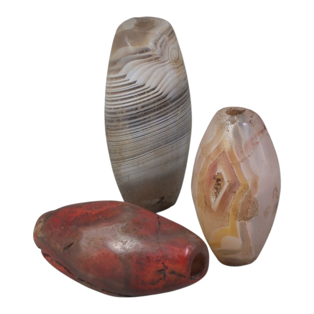 Lot of 3 Antique Central Asian / Himalayan Banded Agate Trade Beads, 15th-19th Century., 68AK: This lot comprises 3 antique banded agate beads, characteristic of Central Asian or Himalayan trade traditions. Each bead exhibits signs of significant age, including natural patination, surface wear,