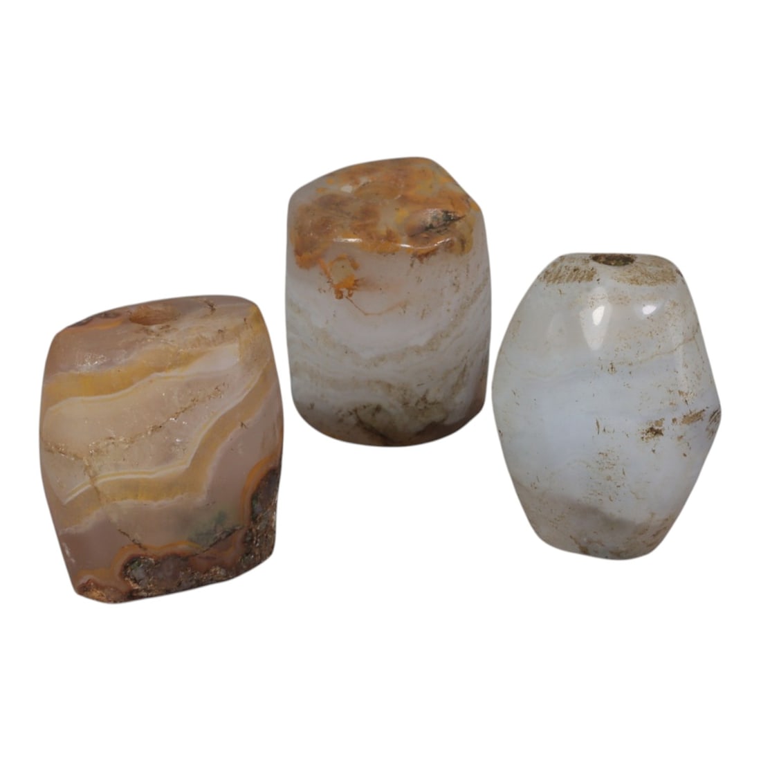 Lot of 3 Antique Central Asian / Himalayan Banded Agate Trade Beads, 15th-19th Century., 45AK: This lot comprises 3 antique banded agate beads, characteristic of Central Asian or Himalayan trade traditions. Each bead exhibits signs of significant age, including natural patination, surface wear,