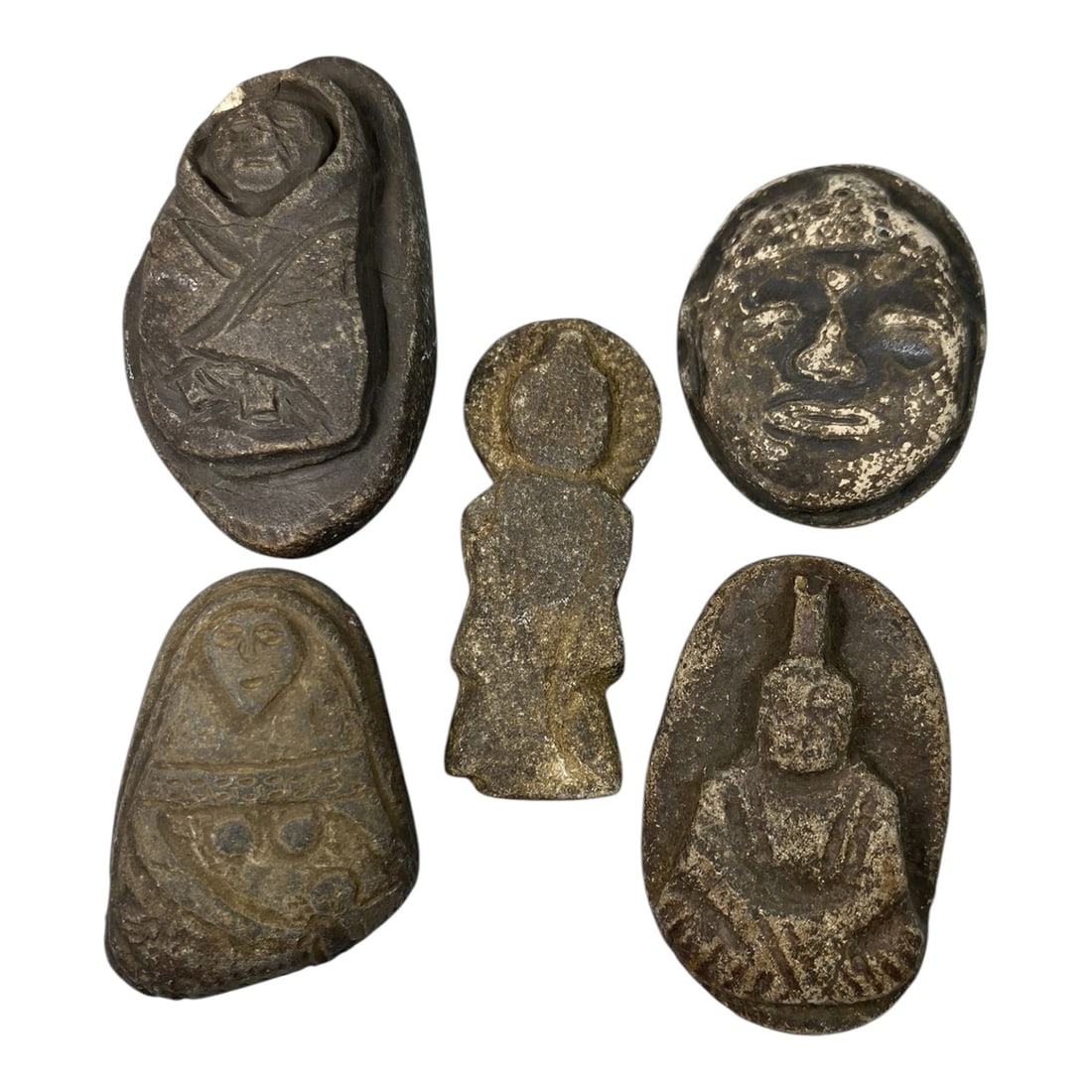 Lot of 5 Antique Japanese Edo Period Stone Buddhist Figurines, 70AG: A collection of five hand-carved stone Buddhist amulets attributed to the Edo period (1603-1868), Japan. Crafted from weathered stone with deep patination and traces of white pigment, these pieces sho