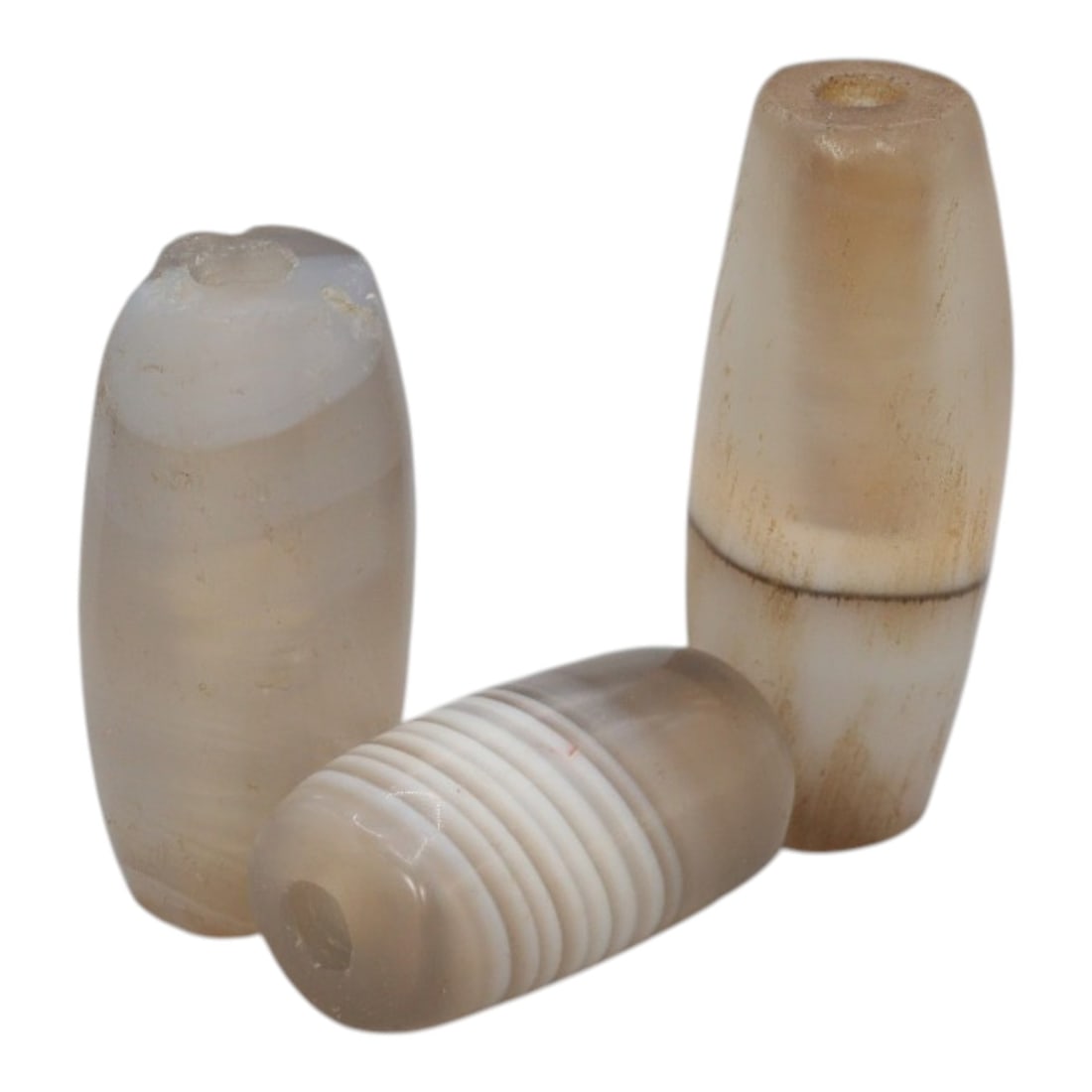 Lot of 3 Antique Central Asian / Himalayan Banded Agate Trade Beads, 15th-19th Century, 74WS: This lot comprises 3 antique banded agate beads, characteristic of Central Asian or Himalayan trade traditions. Each bead exhibits signs of significant age, including natural patination, surface wear,