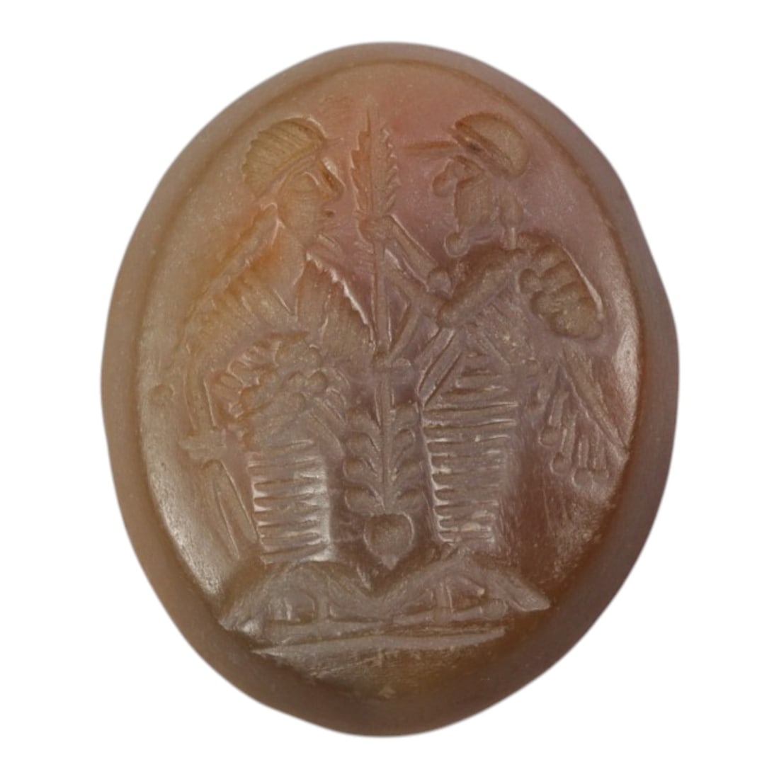 Ancient Near Eastern Carnelian Intaglio Seal, 39WL: This oval carnelian intaglio features a deeply engraved scene of two standing figures facing each other, flanking a central sacred plant or palm tree motif. The figures are rendered in a formal, symme