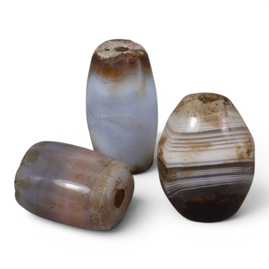 Lot of 3 Antique Central Asian / Himalayan Banded Agate Trade Beads, 15th-19th Century., 72AJ: This lot comprises 3 antique banded agate beads, characteristic of Central Asian or Himalayan trade traditions. Each bead exhibits signs of significant age, including natural patination, surface wear,