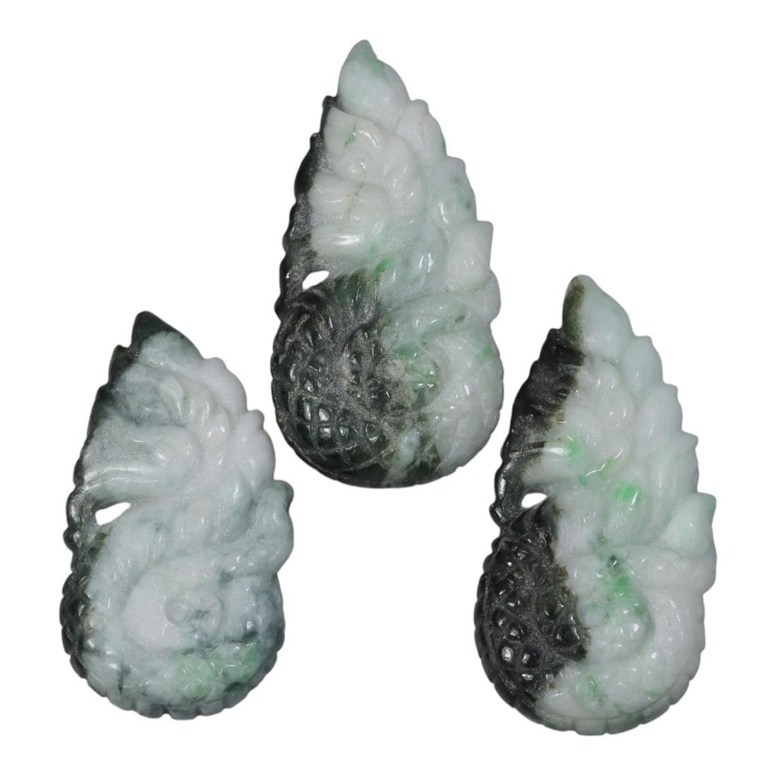 191 Carats Natural Burmese Type A Jadeite Jade Naga Dragon Pendants Lot, 35AG: I've got a fun trio here to show you, three natural Burmese Type A jadeite Naga dragon pendants, each with that cool, one-of-a-kind character! These little beauties have that classic mottled jade look