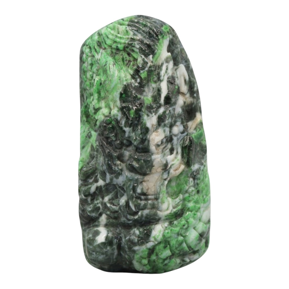 A Chinese Maw Sit Sit Dragon Pendant, 20th Century, 12ZL: Carved from green maw sit sit with natural white and dark inclusions distributed throughout the matrix, the pendant is formed as an irregularly rectangular object with a relief-carved dragon head moti