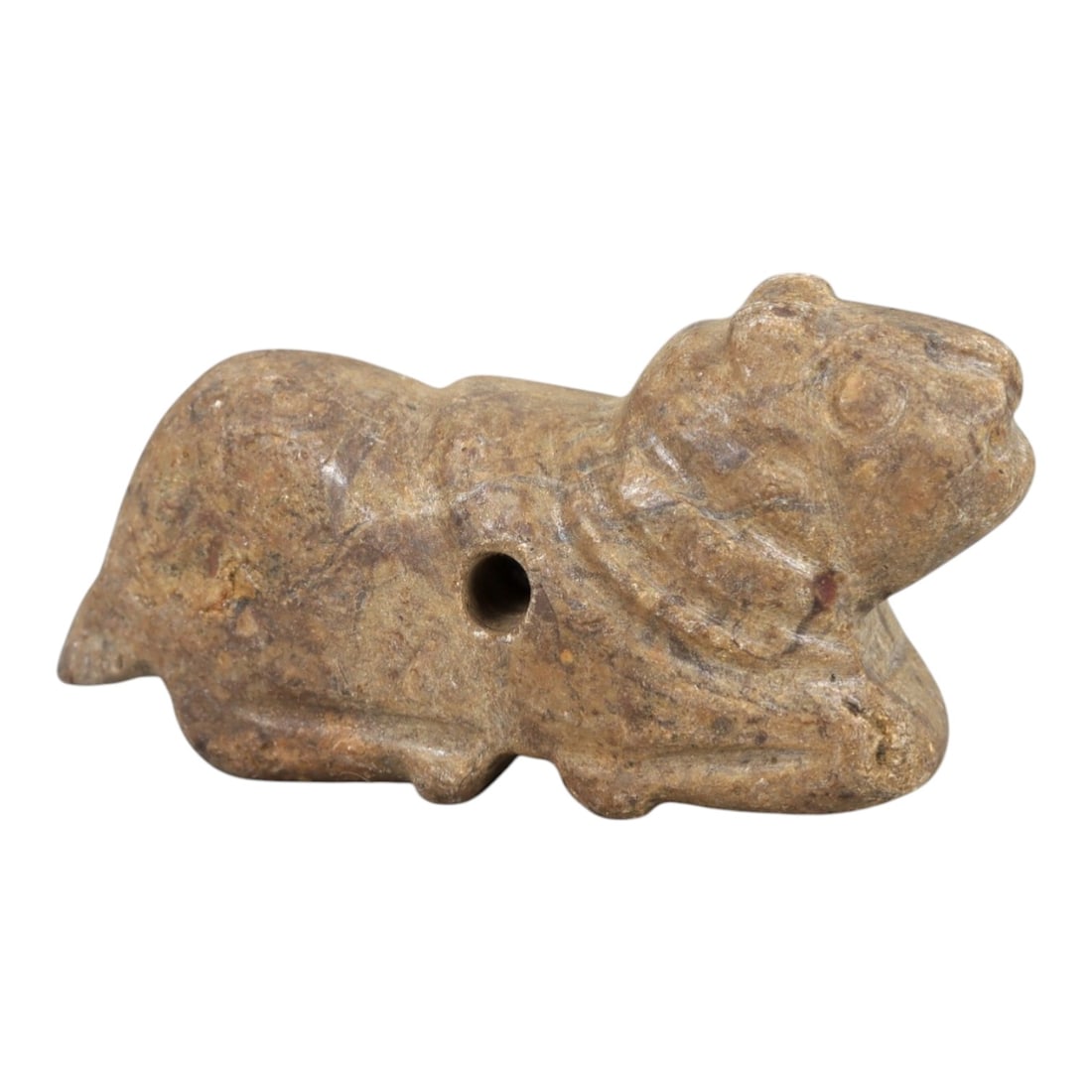 Ancient Stone Zoomorphic Amulet - Near Eastern Animal Figure, 55AM: This amulet is carved from speckled stone, depicting a stylized quadrupedal animal in a crouched, forward-leaning posture, with subtle incised lines defining the neck and facial features. The piece re