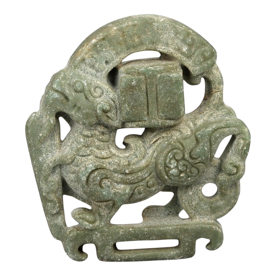 A Chinese Hardstone Openwork Belt Plaque with Mythical Beast, 20th Century, 30YB: Carved from mottled greenish-grey hardstone with granular texture and natural inclusions, the plaque is worked in openwork relief depicting a stylized mythical beast, likely a bixie or chi-dragon, sho