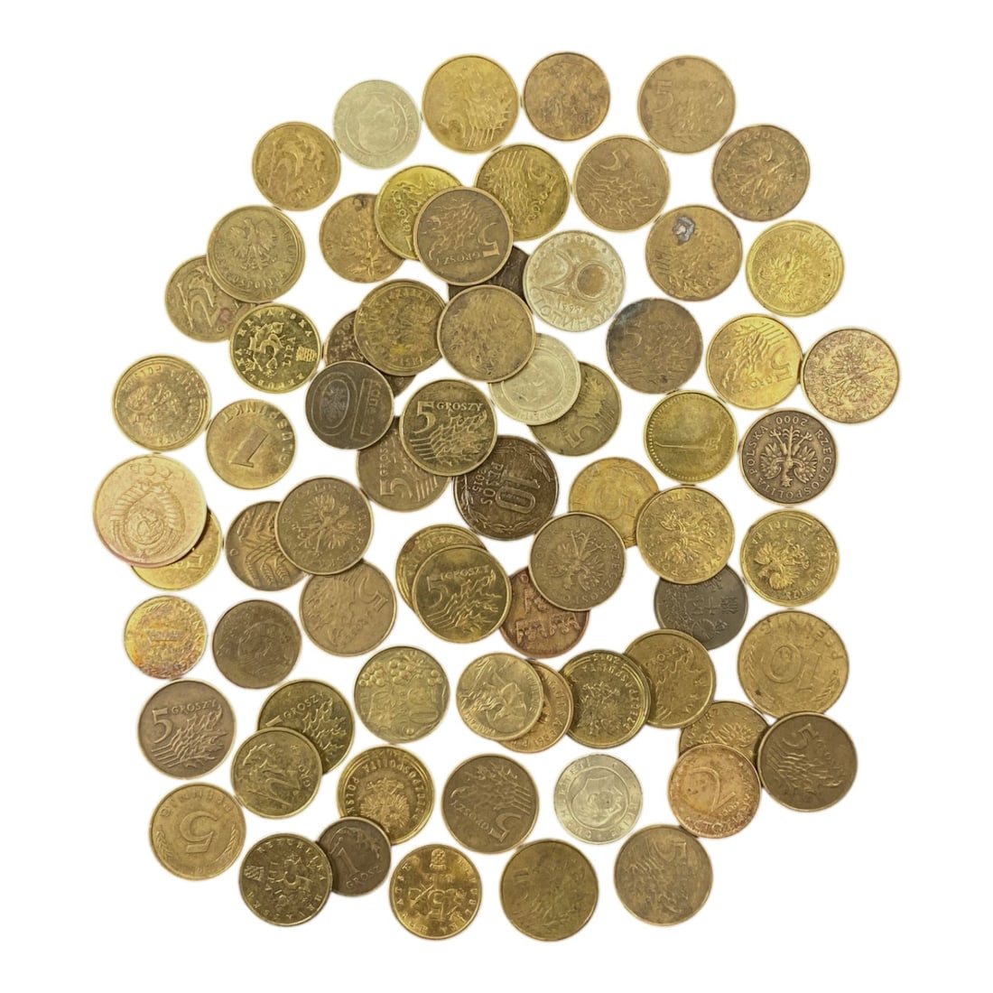 POLAND: Post-Transition Identity - Grosz Bulk Coin Lot, 7V: This extensive lot of Polish Grosz coins showcases the enduring crowned white eagle, Poland's most recognizable national emblem. Denominations range from 1 to 5 Grosz, minted in brass and aluminum-bro