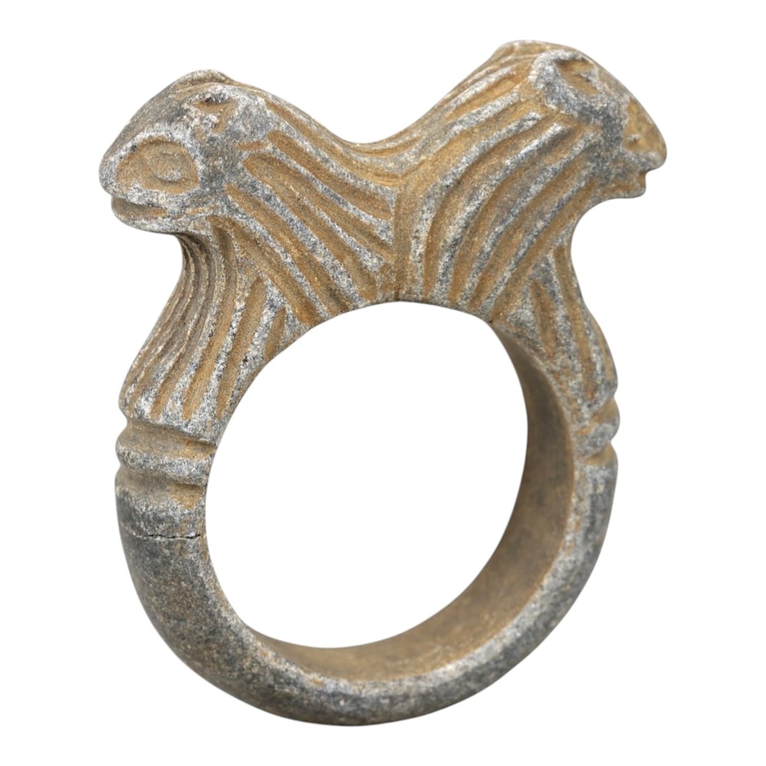 Ancient Steatite Double-Headed Animal Ring - Near Eastern Protective Amulet, 87AM: Carved from gray steatite with warm patination, this ancient Near Eastern ring features a double-headed animal motif (likely rams or ibexes) with incised linear striations defining the fur and facial 
