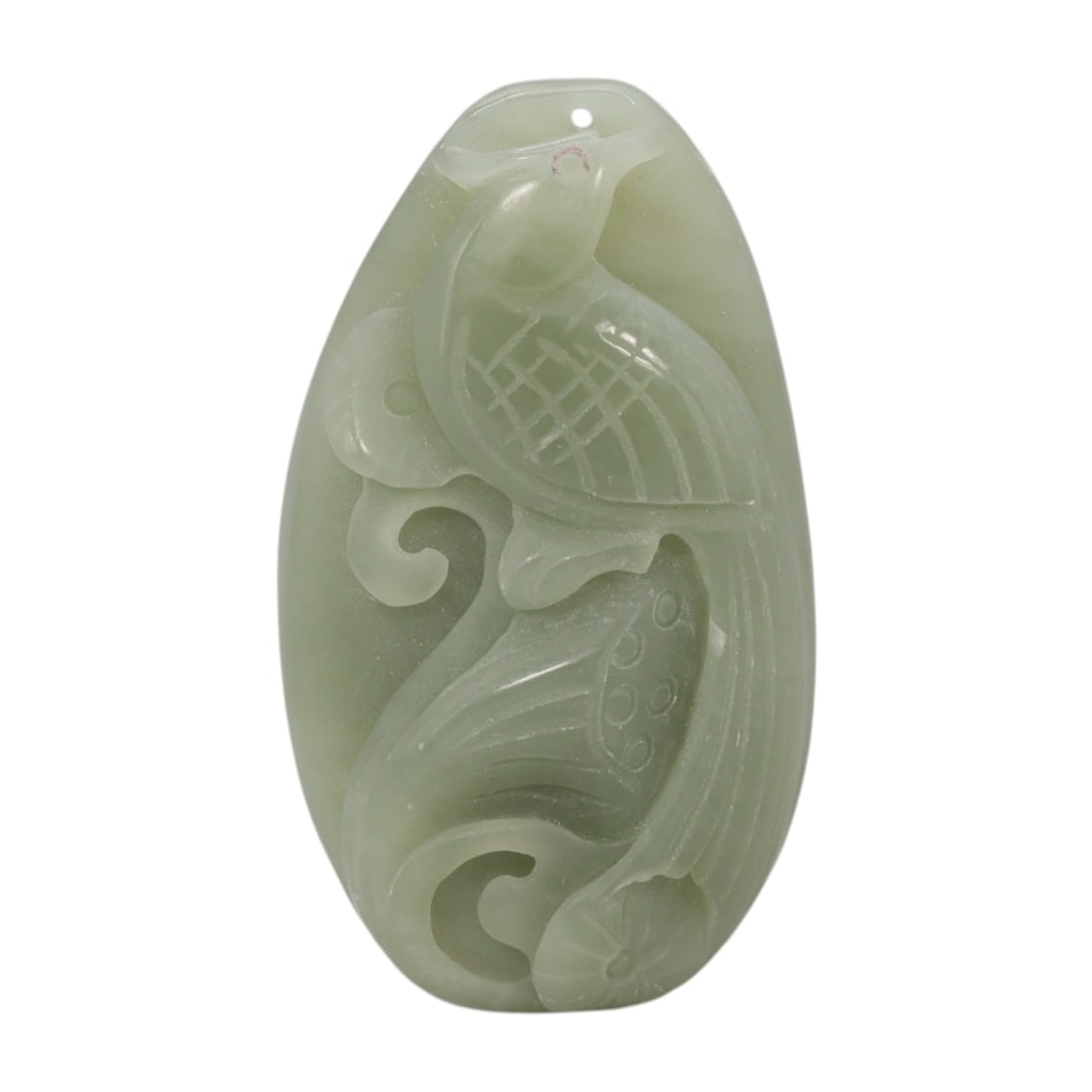 172 Carats Real Light Green Jade Phoenix Carved Pendant, 48YA: Let me share with you this sweet little jade pendant, hand-carved with a lovely phoenix design! This one's a smooth, polished piece weighing 172 carats, measuring 51x29x14mm, with a small hole at the 