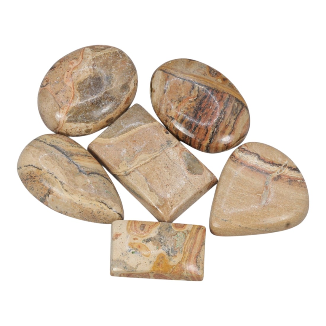 231.40 Carats Natural Picture Jasper Cabochon Parcel (6 Pieces), 96ZN: This curated set of 6 polished picture jasper cabochons showcases stunning natural landscapes etched in stone. The warm, earthy palette features sandy beiges, soft tans, and rusty oranges, with dramat
