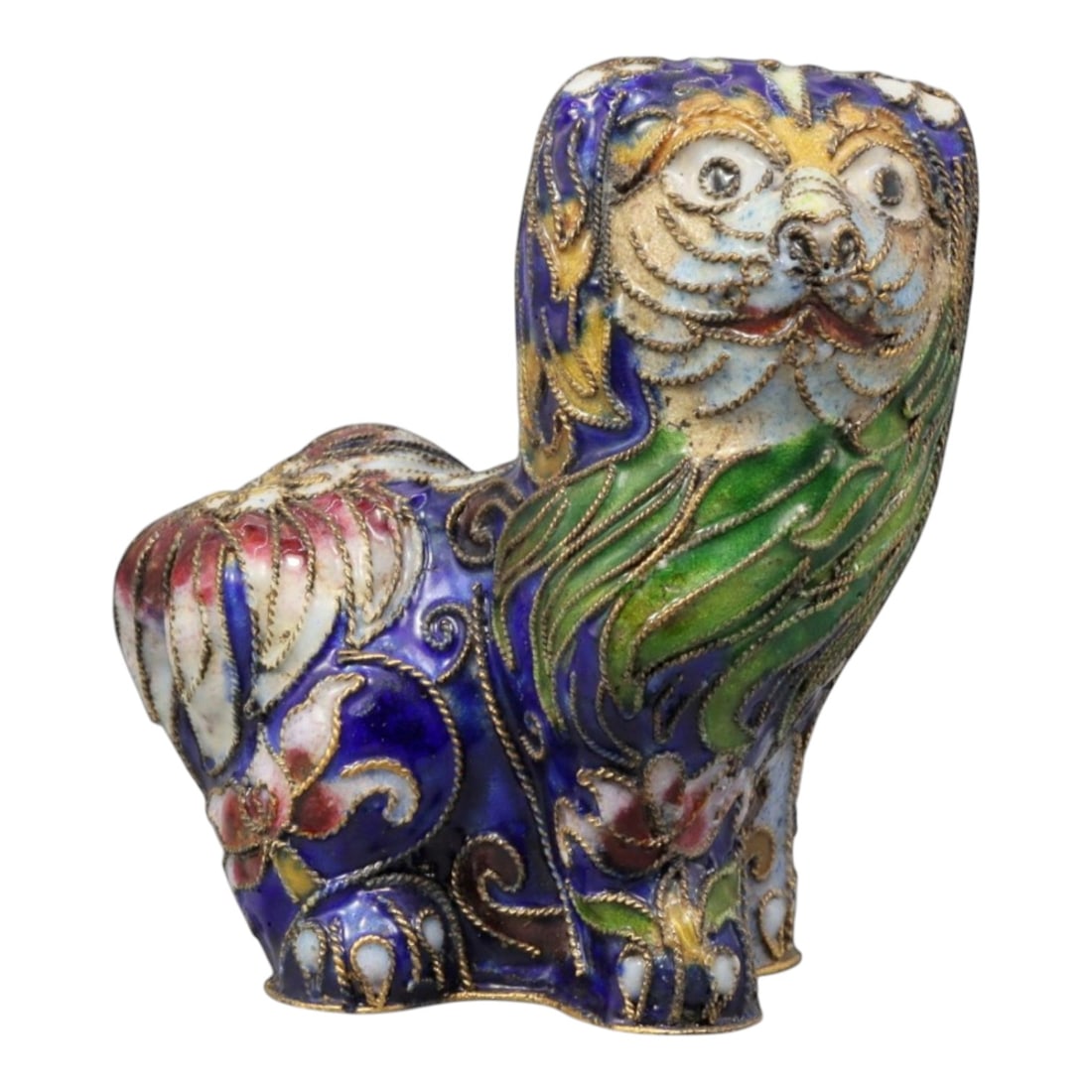 A Chinese Cloisonne Enamel Lion Effigy, 20th Century, 72YC: Constructed in copper and decorated with polychrome cloisonne enamel, the figure represents a stylized lion shown seated with the head turned slightly upward in an alert, expressive pose. The face is 
