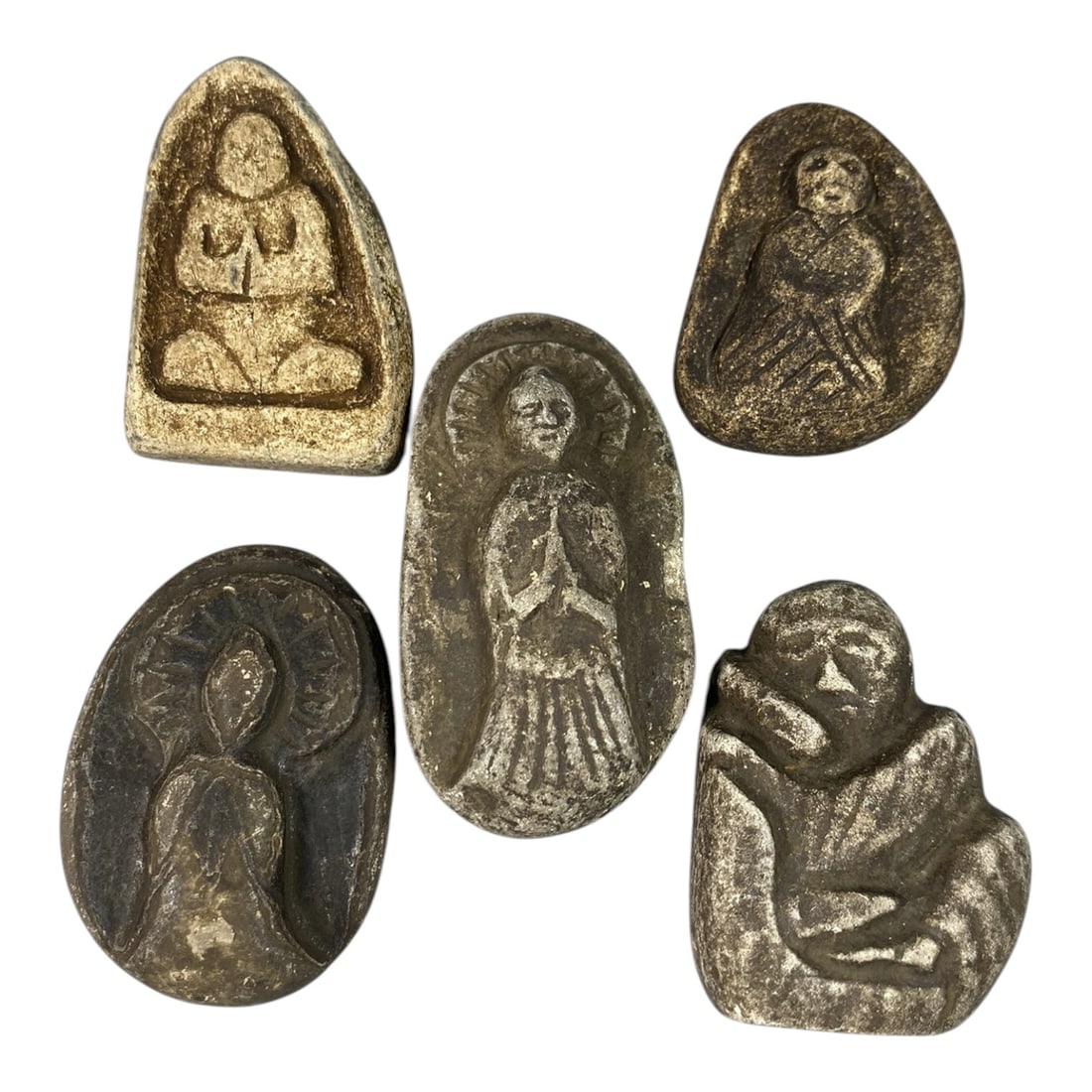 Lot of 5 Antique Japanese Edo Period Stone Buddhist Figurines, 68AG: A collection of five hand-carved stone Buddhist amulets attributed to the Edo period (1603-1868), Japan. Crafted from weathered stone with earthy patination and traces of white pigment, these pieces s