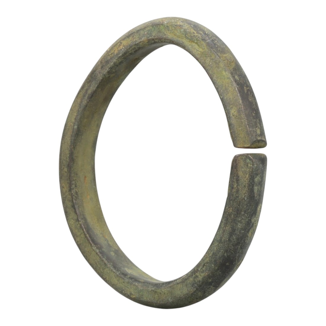 Ancient Roman Bronze Bracelet - Flat Open Form, 72BN: Crafted from bronze, this open bracelet features a thick, flat cross-section and a simple C-shaped form with a narrow gap between squared terminals. The surface displays a uniform greenish patina, ind