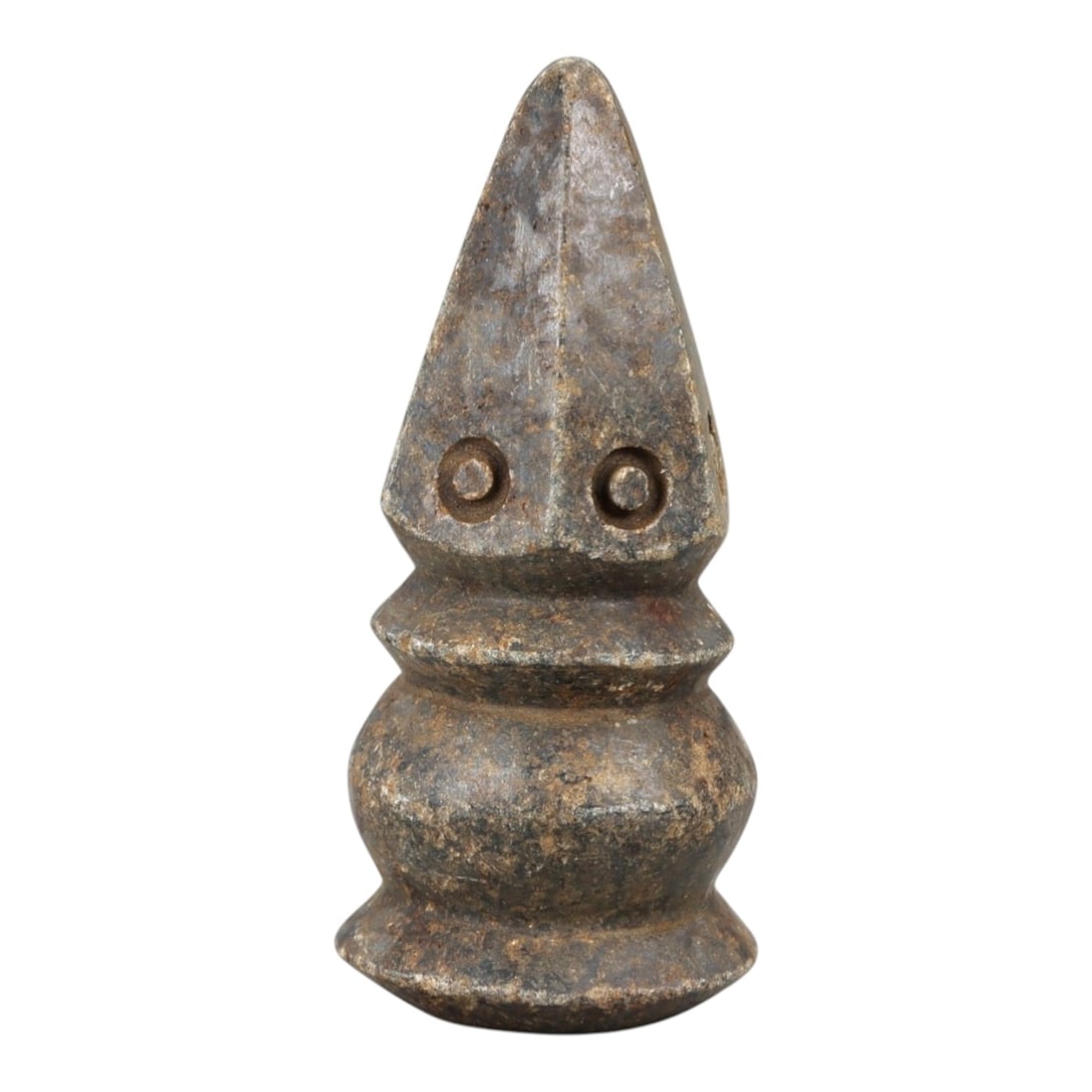 Ancient Stone Eye Idol - Near Eastern Amulet Figurine, 17AM: This artifact is carved from a dense, weathered stone with a mottled, earthy patina indicative of long-term burial exposure. The form consists of a tapering, pyramidal upper section with two deeply in