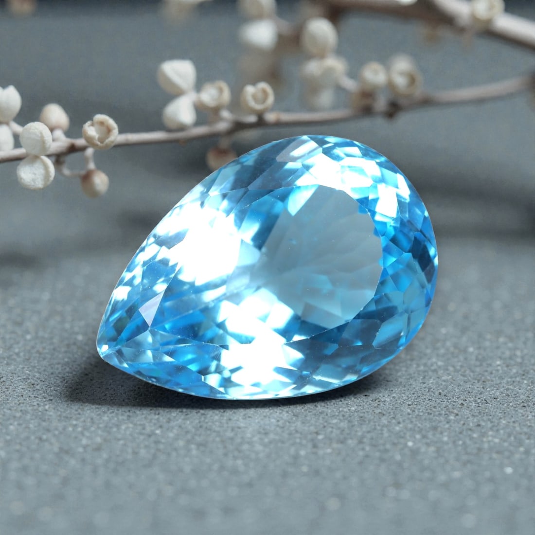 31.44 Carats Swiss Blue Topaz Pear - Natural Brazilian Stone, LZ104: This magnificent pear-cut Swiss blue topaz radiates with a vibrant, icy blue hue that evokes the clarity of alpine lakes and glacial skies. The gem is masterfully faceted, with precisely angled surfac