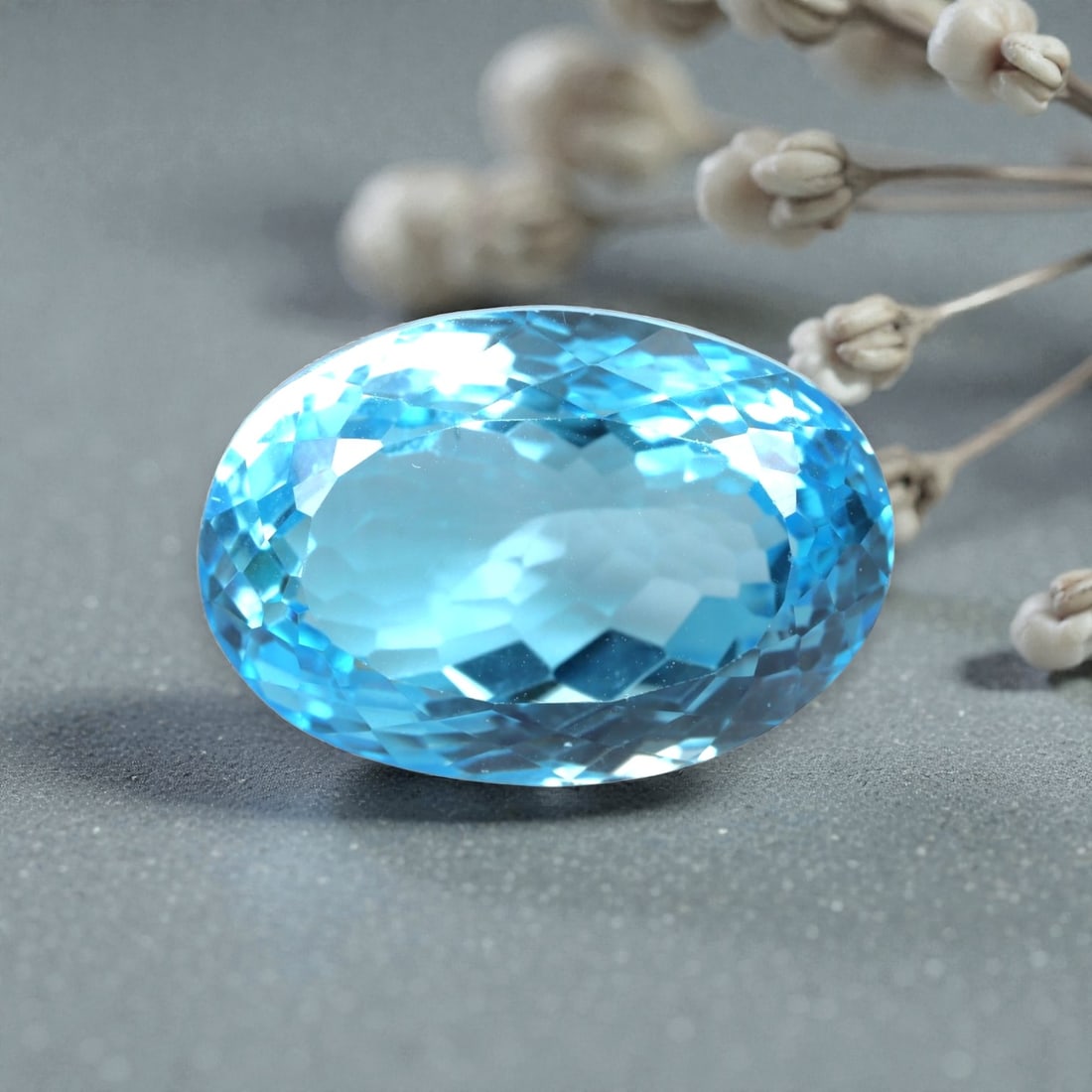 39.53 Carats Swiss Blue Topaz Oval - Natural Brazilian Stone, LZ103: This magnificent oval-cut Swiss blue topaz dazzles with a brilliant, saturated sky-blue hue that radiates clarity and light. Its faceted cut is masterfully executed, with precisely angled facets that 