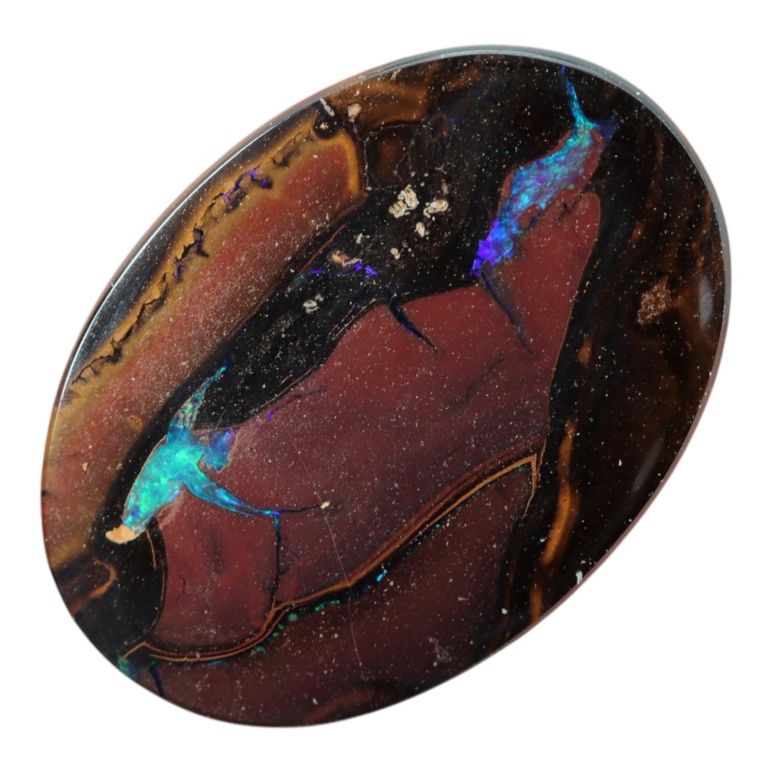 11.58 Carats Koroit Yowah Opal Cabochon - Natural Australian Single Stone, 85XL: This substantial Koroit Yowah opal cabochon, measuring 18x12.8mm, features a dramatic composition of deep plum and black ironstone matrix, interwoven with bold veins of iridescent opal. The opal inclu