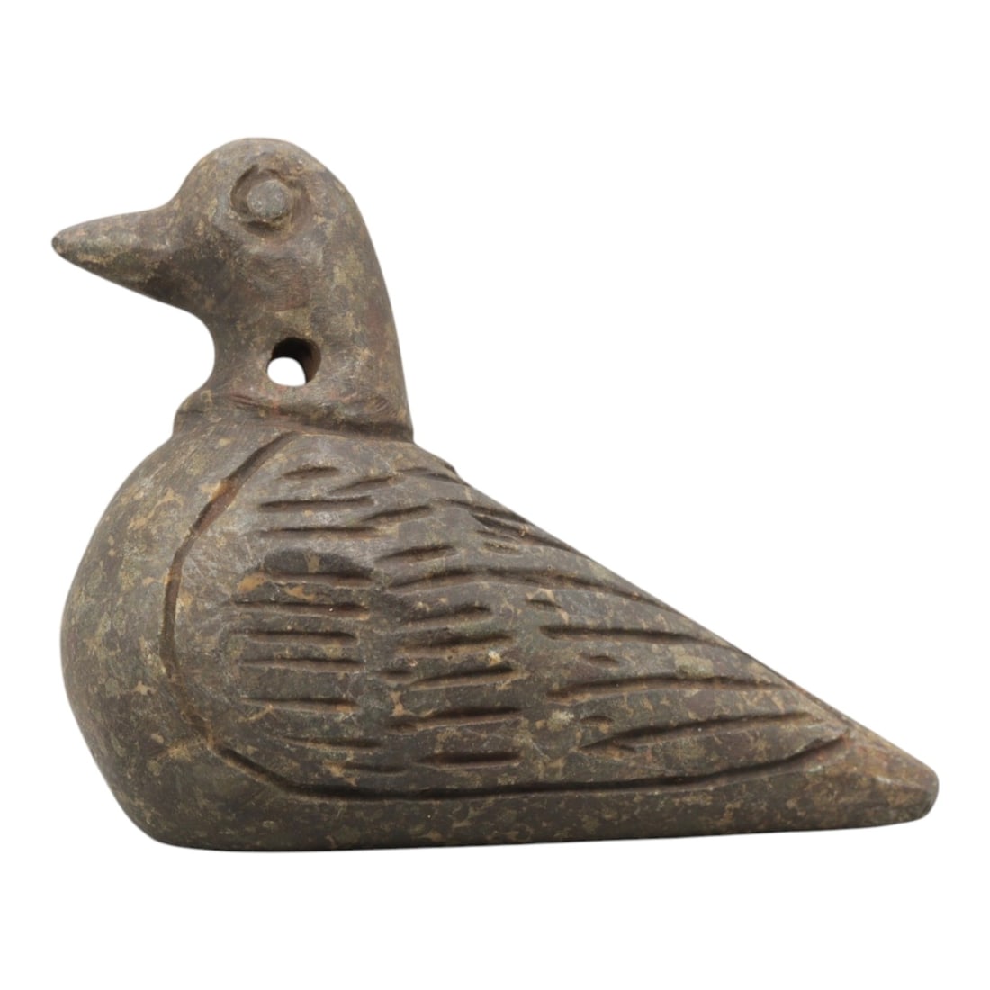 Ancient Schist Bird Amulet - Near Eastern Figurine, 86ZQ: Carved from schist, this bird amulet features a stylized avian form with incised detailing for wings and body texture. The stone has a muted earth-toned patina with minor surface wear consistent with 