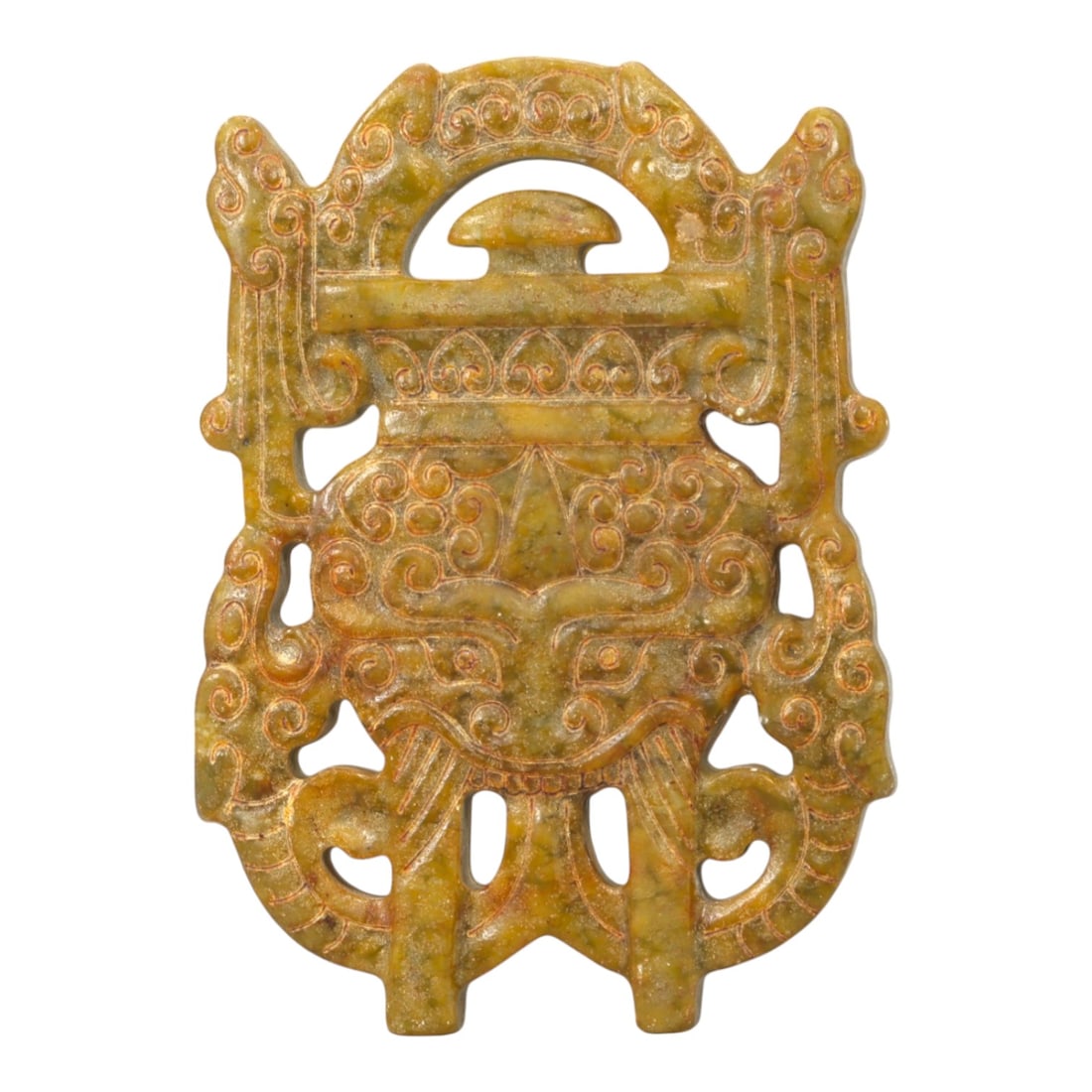 A Chinese Jade Openwork Plaque, 20th Century, 52FC: Carved from mottled jade with olive-green and warm russet tones, the plaque is worked in openwork and low relief to form a symmetrical, vertically oriented composition. The design is dominated by an a
