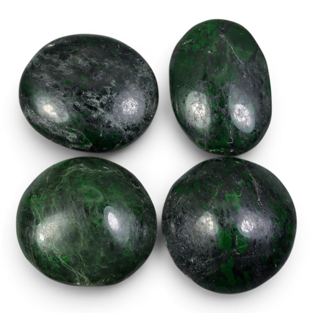48.09 Carats Natural Burmese Maw Sit Sit Jade Cabochon Lot, 81AJ: Come take a look at this striking lot of four natural Burmese maw sit sit jade cabochons, each one a little piece of the jungle! Look at that rich, deep forest green hue, shot through with vibrant eme