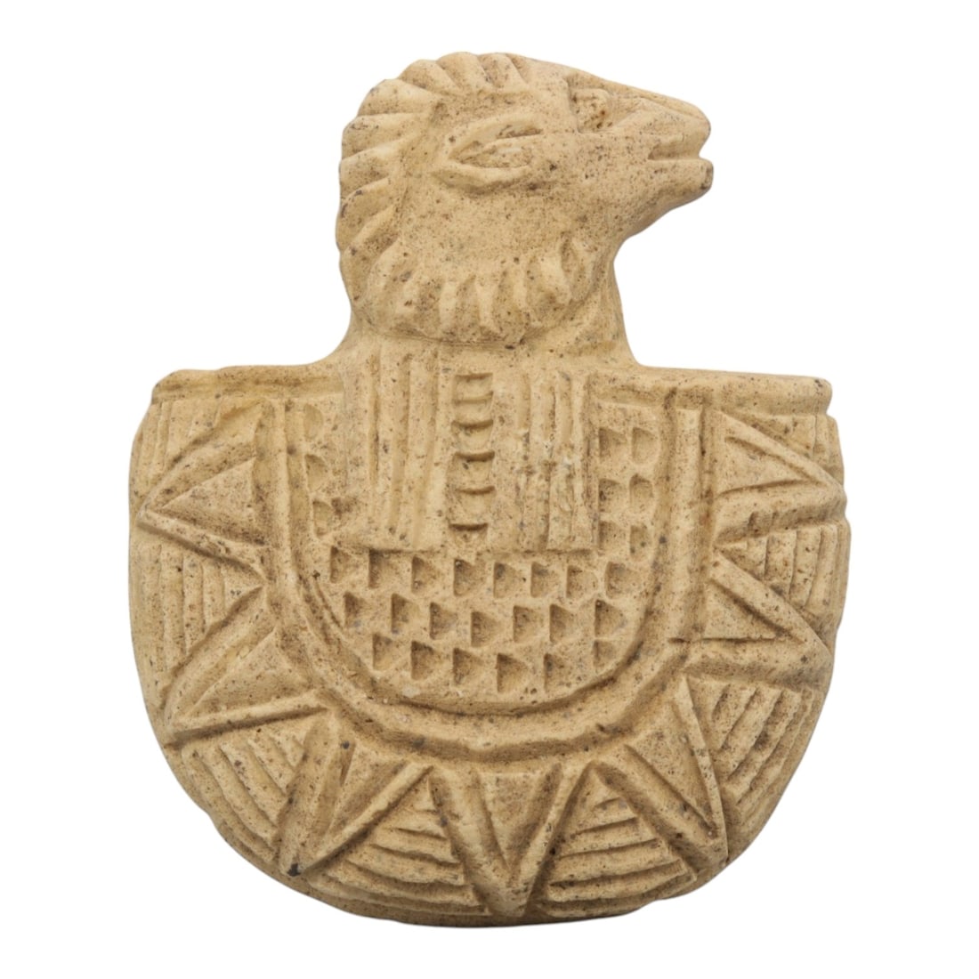 Ancient Stone Ram Amulet - Near Eastern Zoomorphic Figurine, 1ZY: Carved from a fine-grained, pale beige stone, this artifact takes the form of a zoomorphic amulet featuring a stylized ram's head surmounting a rounded, shield-shaped body. The ram's head is depicted 
