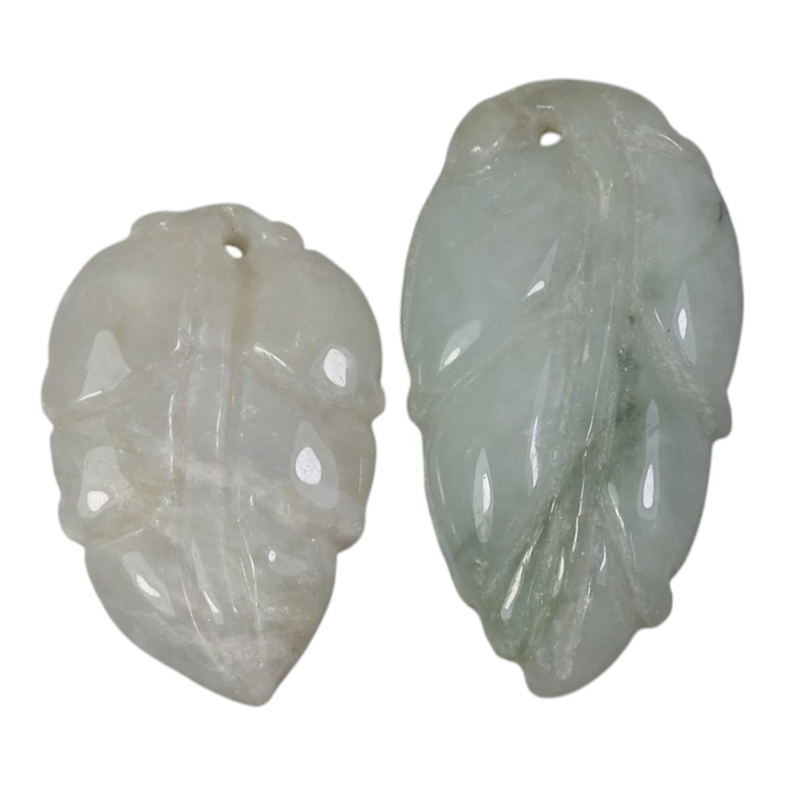 Lot of 2 Antique Oriental Chinese Jadeite Jade Leaf Pendants, 17AG (1 of 2)