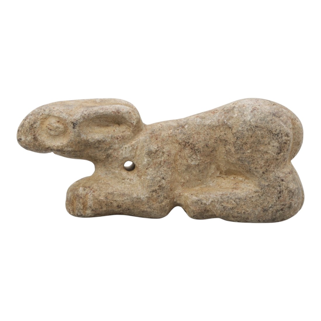 Ancient Schist Panther Amulet - Near Eastern Figurine, 14WS: Carved from light-toned schist with natural inclusions and a weathered patina, this figurine depicts a recumbent panther in a stylized Near Eastern tradition. The animal is shown in a crouched posture