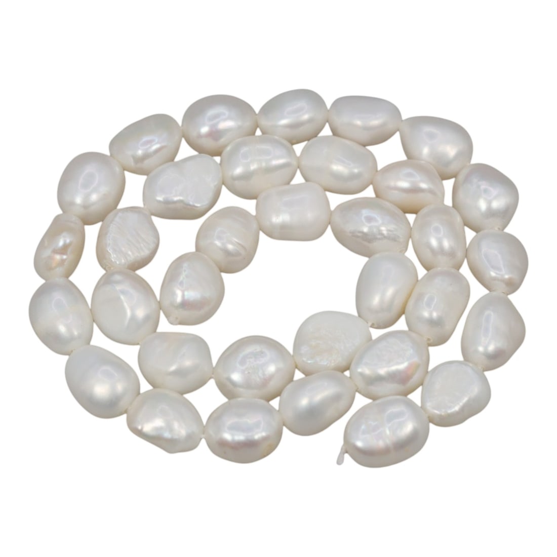 A Strand of Baroque Cultured Pearls, 20th Century, 81ZJ: Composed of baroque cultured pearls with an opaque white body color and subtle pearlescent overtones, the strand is strung in a single continuous line. Each pearl exhibits a distinct irregular, flatte