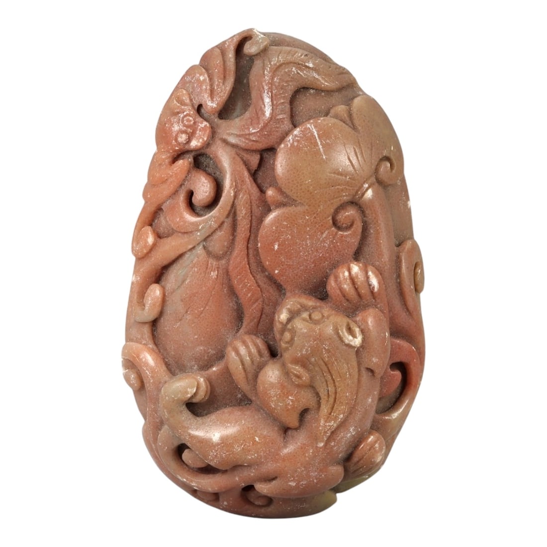 A Chinese Hardstone Carving with a Mythical Beast, 20th Century, 96FC: Carved from reddish-brown hardstone with subtle tonal variation and a matte to softly polished surface, the object is worked as a vertical plaque with rounded edges. The composition is executed in hig
