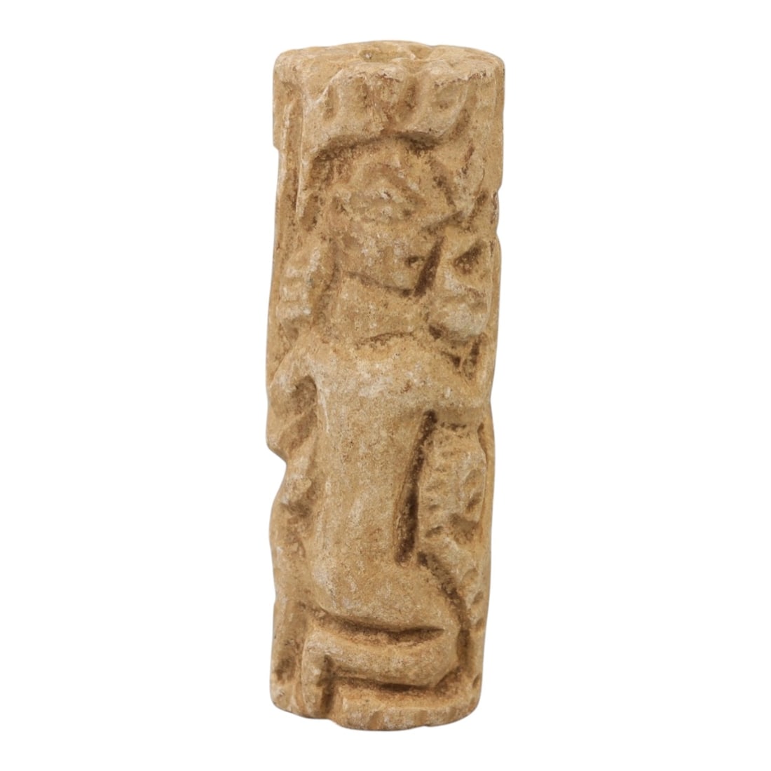 Ancient Limestone Cylinder Bead - Carved Relief Figurine, 44AH: Carved from limestone, this ancient cylinder bead features a slender, tubular form with raised relief detailing depicting a stylized humanoid figure, typical of ornamental use in early cultural contex