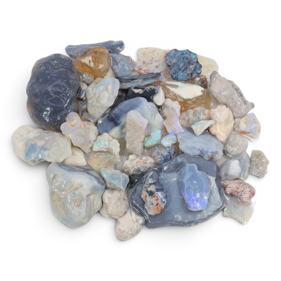 Natural Australian Lightning Ridge Opal Rough, 73g, 85WS: This collection of raw opal rough hails from Australia's legendary Lightning Ridge, showcasing the region's iconic play-of-color potential. The stones exhibit a range of natural hues, from milky white