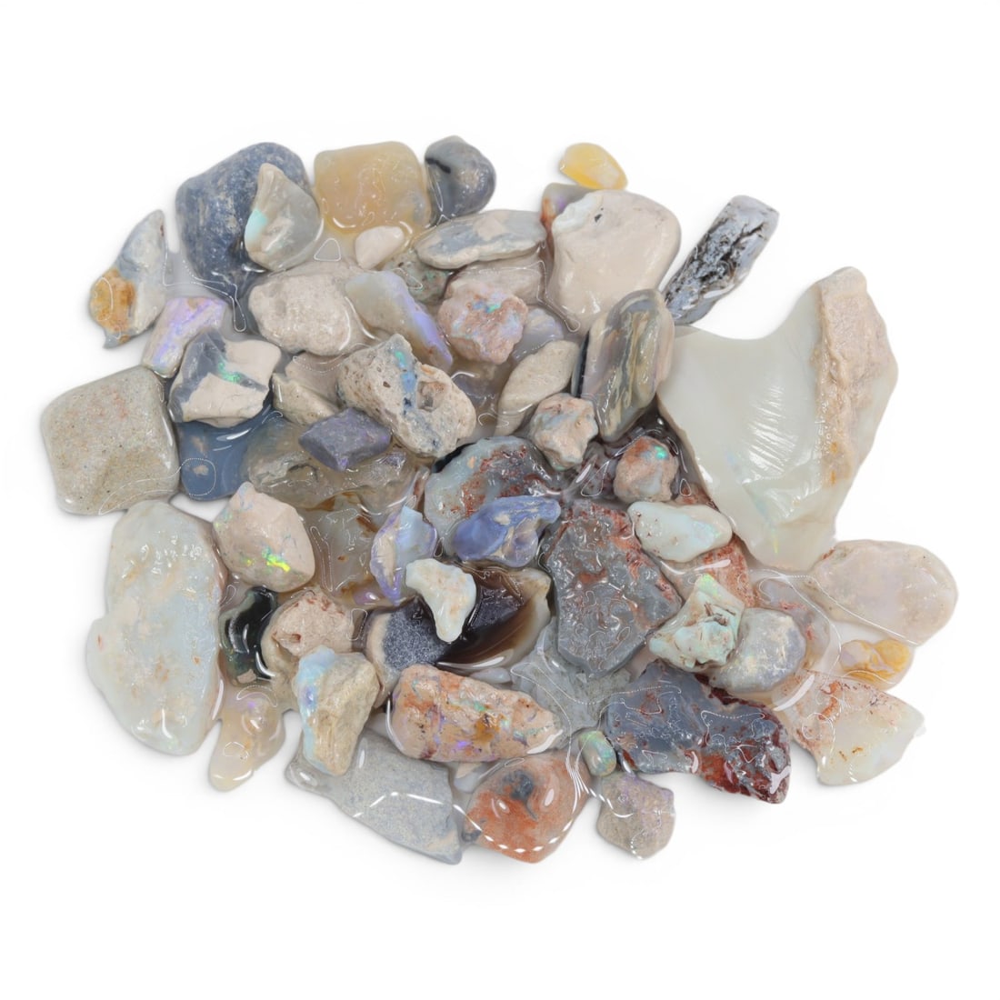 Natural Australian Lightning Ridge Opal Rough, 47g, 100WS: This collection of raw opal rough hails from Australia's legendary Lightning Ridge, showcasing the region's iconic play-of-color potential. The stones exhibit a range of natural hues, from milky white