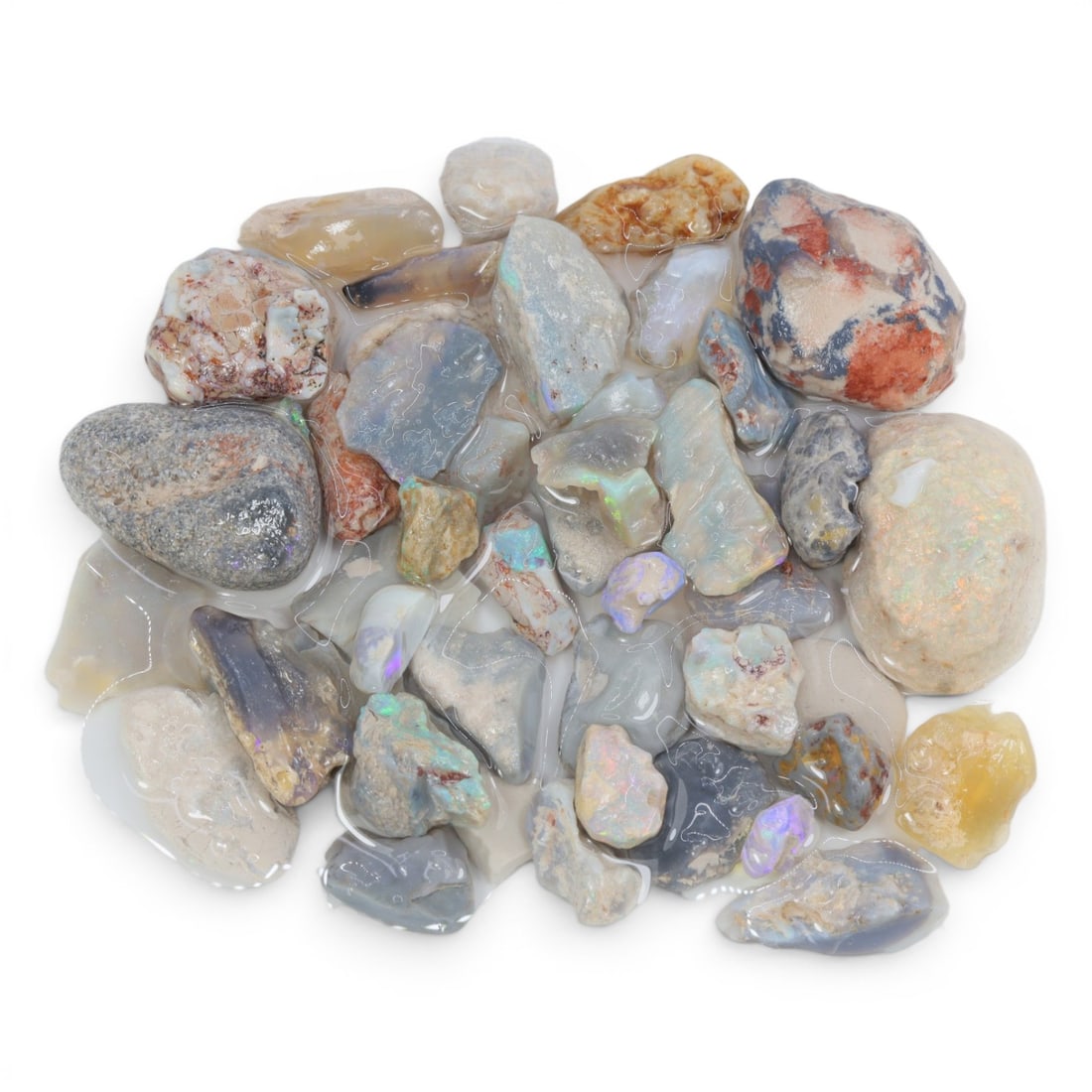 Natural Australian Lightning Ridge Opal Rough, 55g, 94WS: This collection of raw opal rough hails from Australia's legendary Lightning Ridge, showcasing the region's iconic play-of-color potential. The stones exhibit a range of natural hues, from milky white