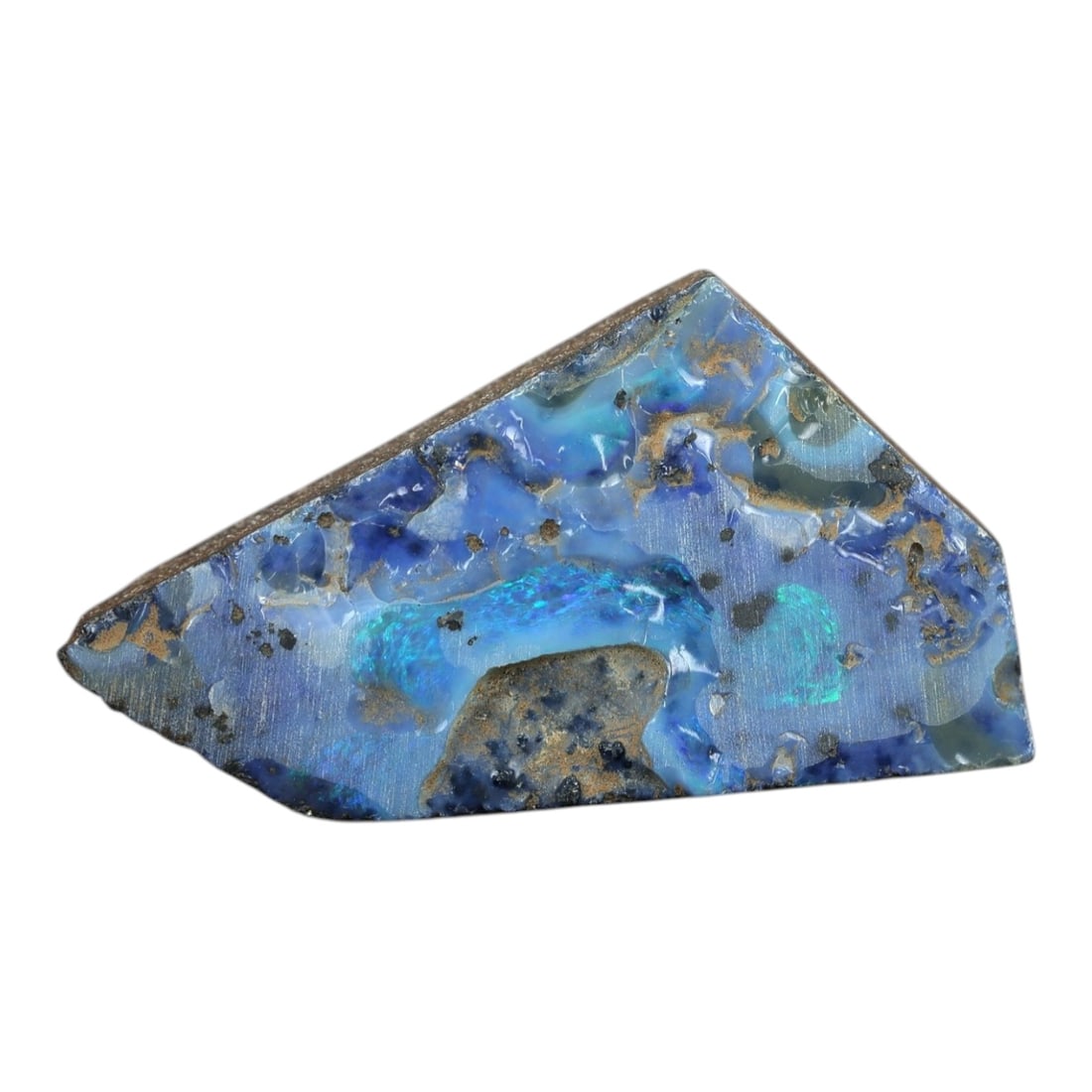 42.07 Carats Blue-Green Winton Boulder Opal Rough - Natural Australian Stone, LZ99: This striking rough boulder opal from Winton displays a dramatic landscape of color and texture. Set within its natural ironstone matrix, the opal showcases a spectrum of vivid blue hues, from soft sk