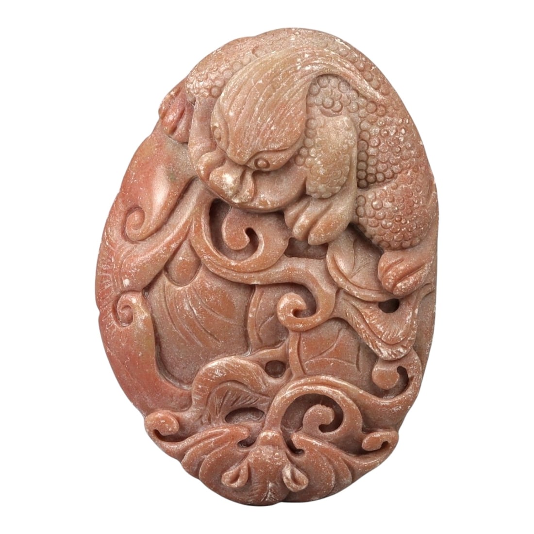 A Chinese Hardstone Plaque Carved with a Mythical Beast and Scrollwork, 20th Century, 3FD: Carved from reddish-brown hardstone with subtle tonal variations and a matte-to-softly polished surface, the plaque is worked in openwork and high relief with a dynamic composition of a mythical beast