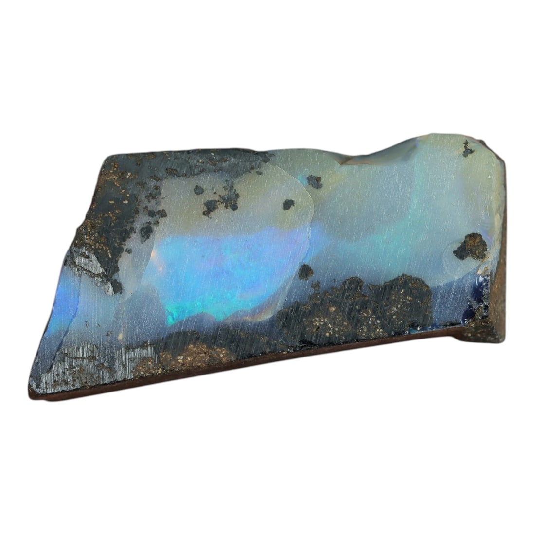 38.40 Carats Winton Boulder Opal Rough Slab - Natural Australian Stone, 45XP: This substantial Winton boulder opal rough slab showcases a captivating patchwork of ethereal sky-blue, aqua-green, and soft lavender play-of-color, embedded within its natural ironstone host rock. Me