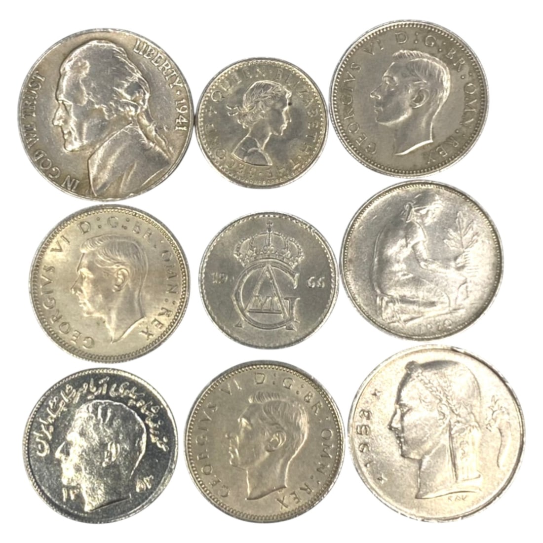 GLOBAL: Post-War Commonwealth & European Identity - 9-Piece Coins Set, 1941-1953, 17-20mm, 18ZJ: This curated 9-Piece Coins Set spans the pivotal post-war era, featuring coins from the United States, United Kingdom, New Zealand, Sweden, Belgium, and Egypt, ranging from 17 to 20mm in diameter. Eac