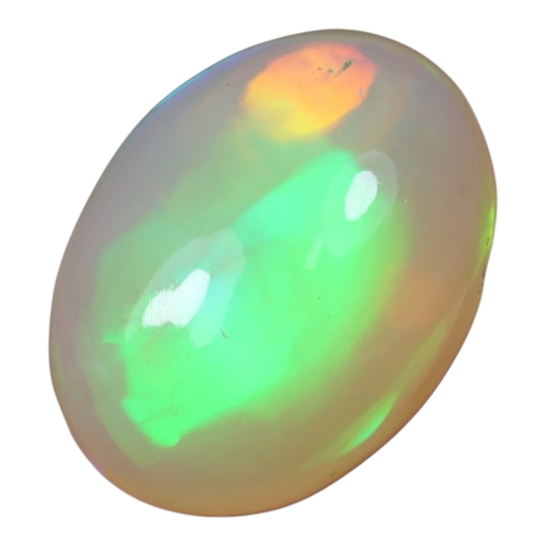 1.85 Carats Multicolor Flash Welo Opal Oval Cabochon - Natural Ethiopian Stone, 79XB: This exceptional Welo opal cabochon displays a breathtaking play of color, with vivid, sweeping flashes of electric green and warm sunset orange moving across its milky, translucent base. Measuring 10