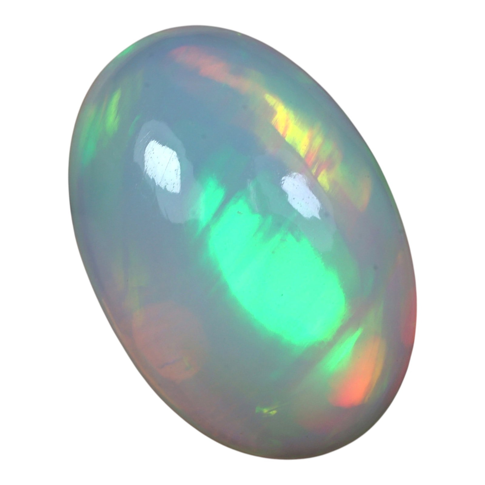 4.61 Carats Welo Opal Oval Cabochon - Natural Ethiopian Stone, 34XB: This stunning oval cabochon of Welo opal enchants with a luminous, shifting play of color, dominated by vivid lime green flashes complemented by soft hints of peach and golden yellow across its milky,