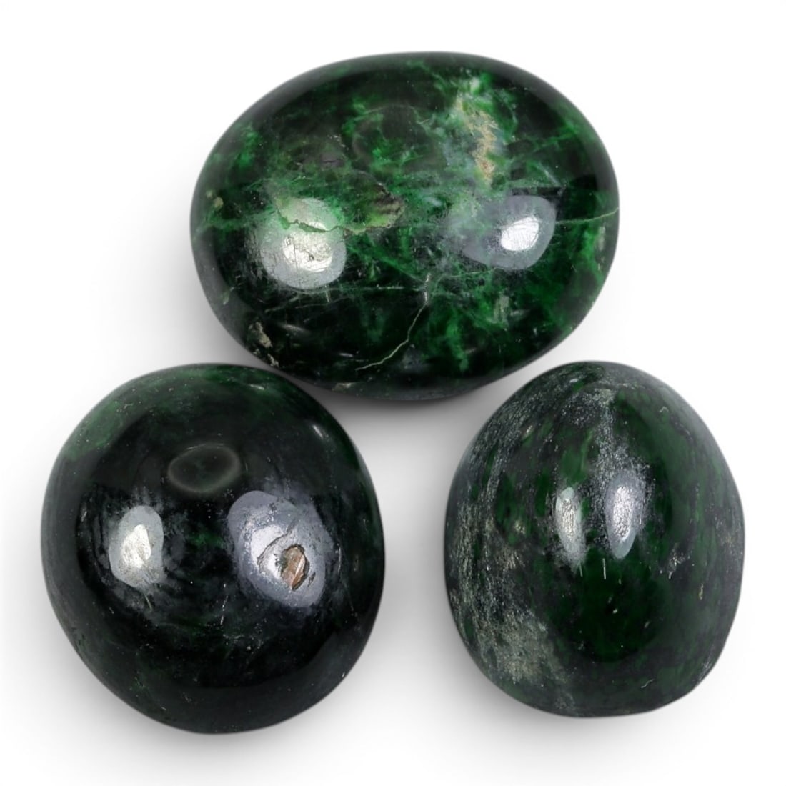 65.11 Carats Natural Burmese Maw Sit Sit Jade Cabochon Lot, 80AJ: I'm happy to present this unique lot of three natural Burmese maw sit sit jade cabochons, each one full of rich, characterful beauty! Look at that striking deep forest green hue, shot through with vib