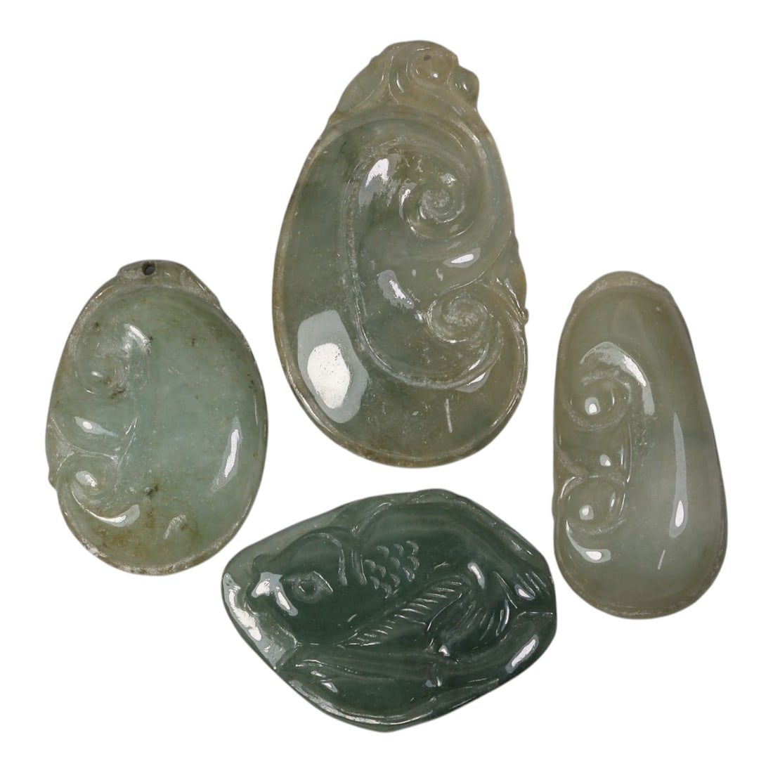 142 Carats Natural Vintage Type A Jadeite Jade Pendant Lot, 22AG: Come take a look at this charming set of 4 vintage jadeite pendants, full of soft color and classic carving styles! These beauties range in size from 31x21x5.8mm up to 42x24x4.9mm, totaling 142.8 cara