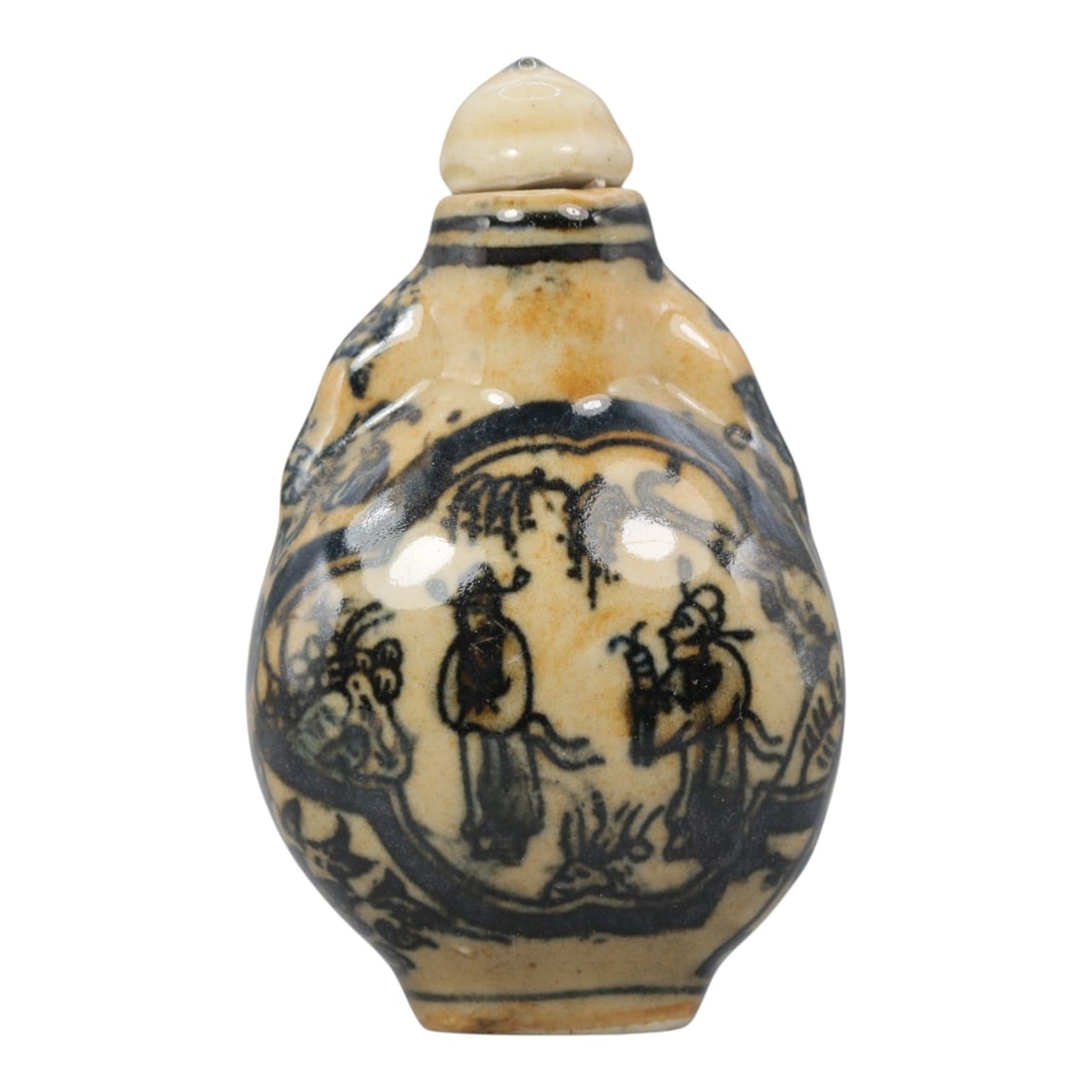 A Chinese Porcelain Snuff Bottle, 20th Century, 5YD: Crafted from porcelain with a creamy white glaze base and decorated in underglaze blue, the snuff bottle features an ovoid body with a short neck and a conforming stopper. The main body is adorned wit