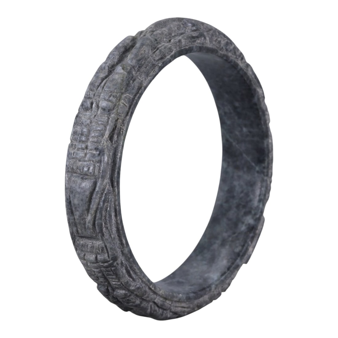 Jadeite Jade Dragon Bracelet - Carved Asian Bangle, 6.3cm Inner Diameter, 25WE: Carved from dense grey-green jadeite, this bracelet is formed as a continuous circular bangle with sculptural relief carving along the exterior surface. The stone has been hollowed and shaped through 