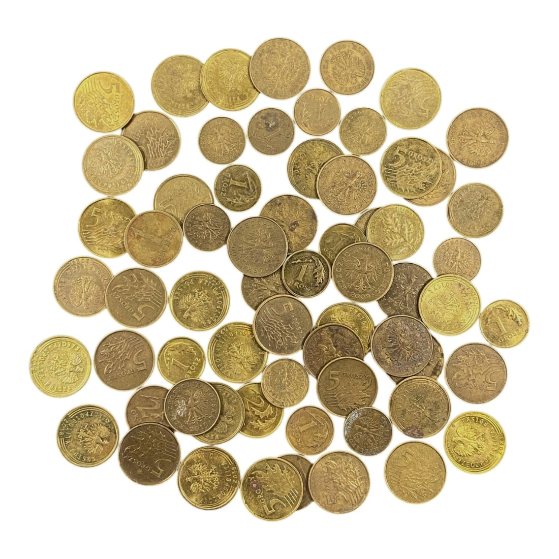 POLAND: National Emblem Continuity - Grosz Bulk Coin Lot, 12V: This extensive lot of Polish Grosz coins is unified by the iconic crowned white eagle, Poland's enduring national symbol. Denominations range from 1 to 5 Grosz pieces, their brass surfaces marked by e