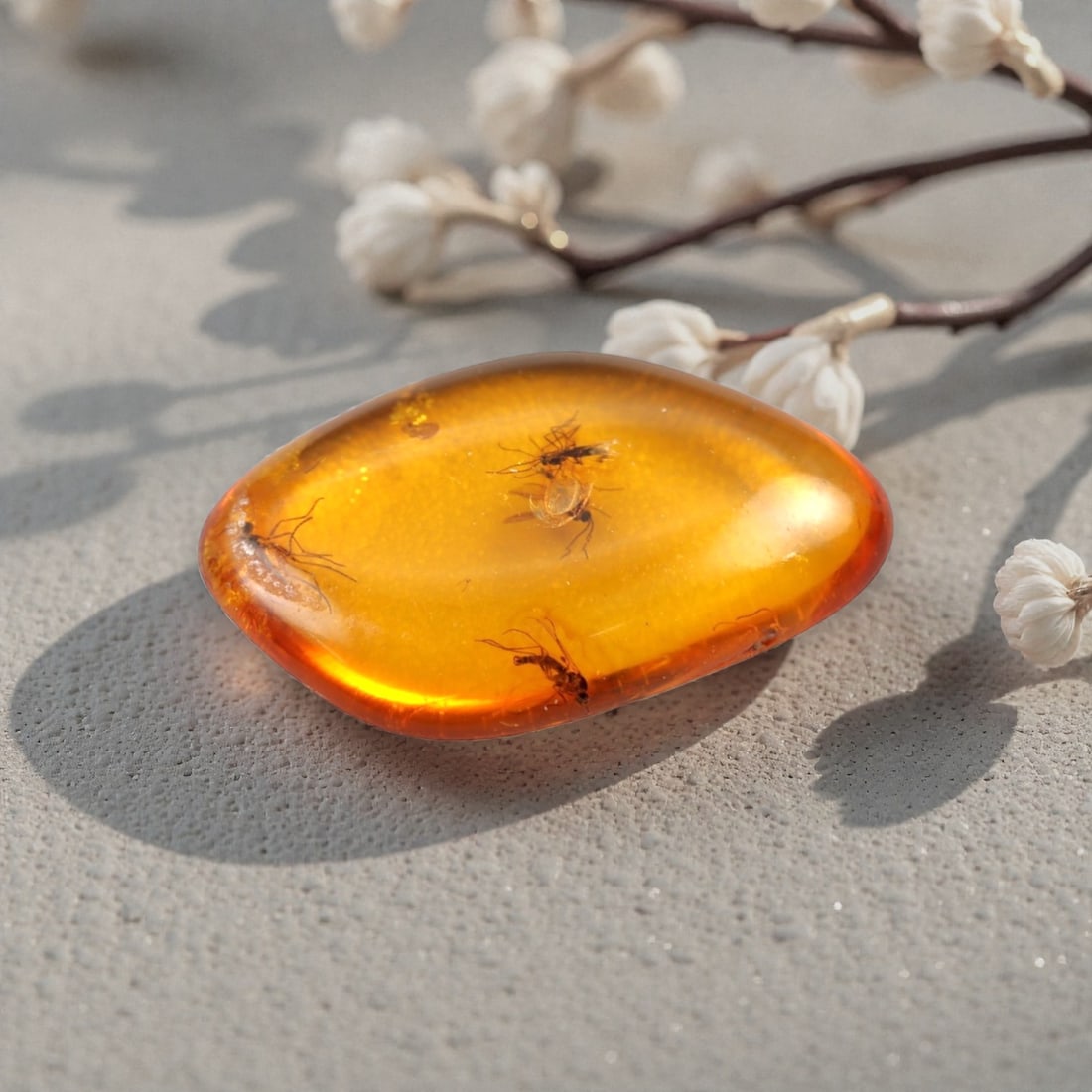 1.13 Carats Honey Amber Cabochon with Multiple Insect Inclusions - Natural Baltic Stone, LZ84: This exceptional 1.13 carat amber cabochon, measuring 14.0mm x 8.8mm x 2.9mm, is a breathtaking prehistoric time capsule. Polished into a smooth, freeform cabochon, the warm honey-amber resin glows wi